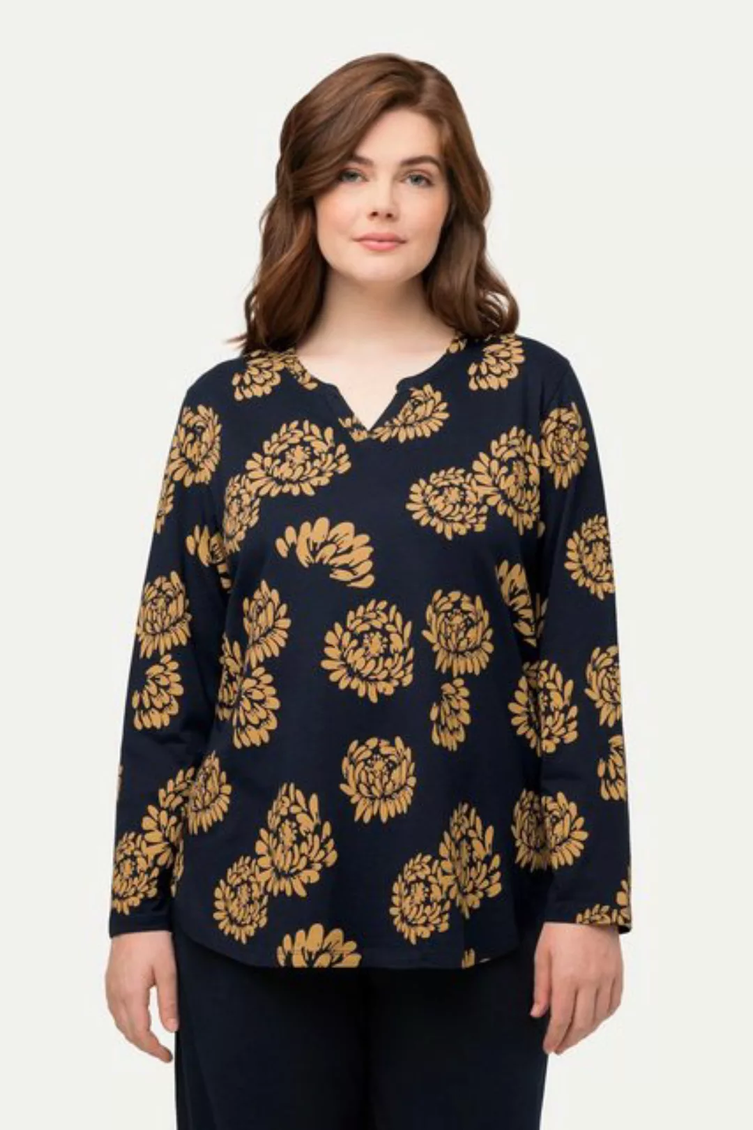 Ulla Popken Pyjamaoberteil Pyjama-Shirt floraler Druck Tunika-Ausschnitt günstig online kaufen
