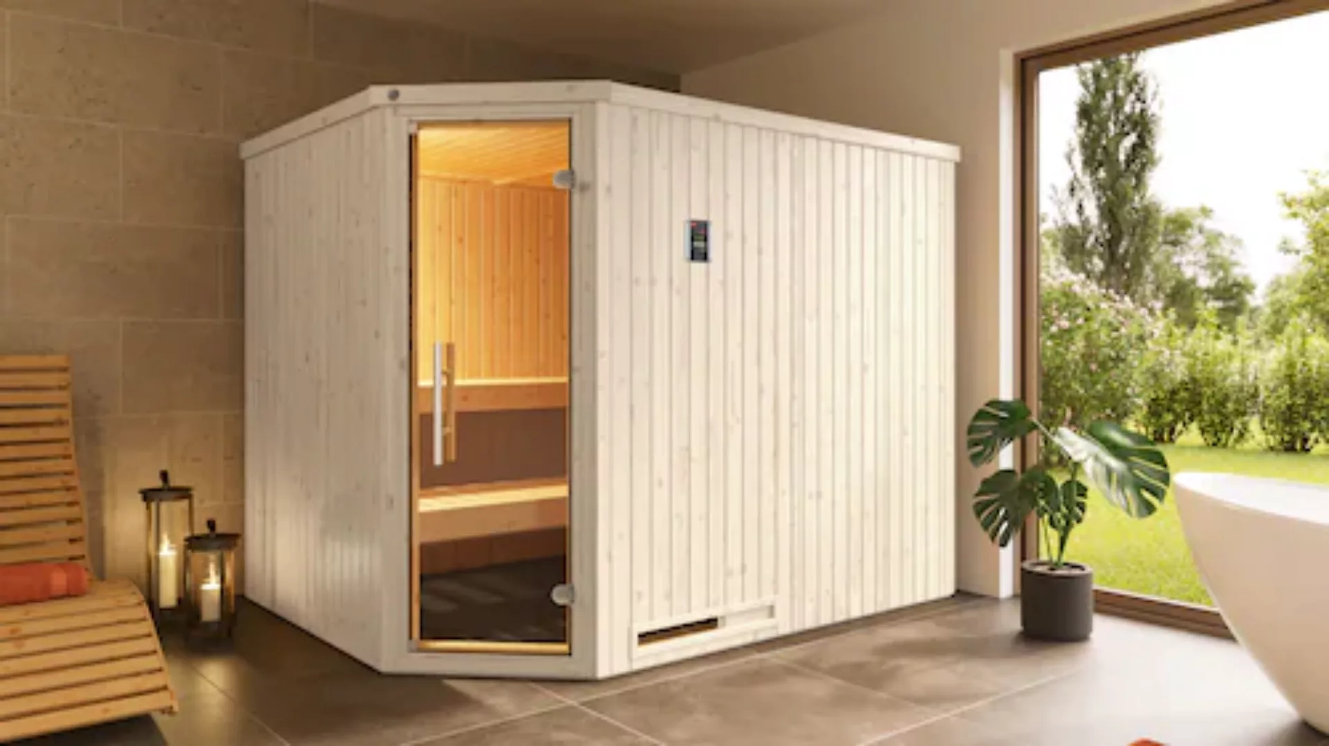 Weka Elementsauna Varberg Trend 4 Weiß Sparset 9 kW BioS Glastür günstig online kaufen