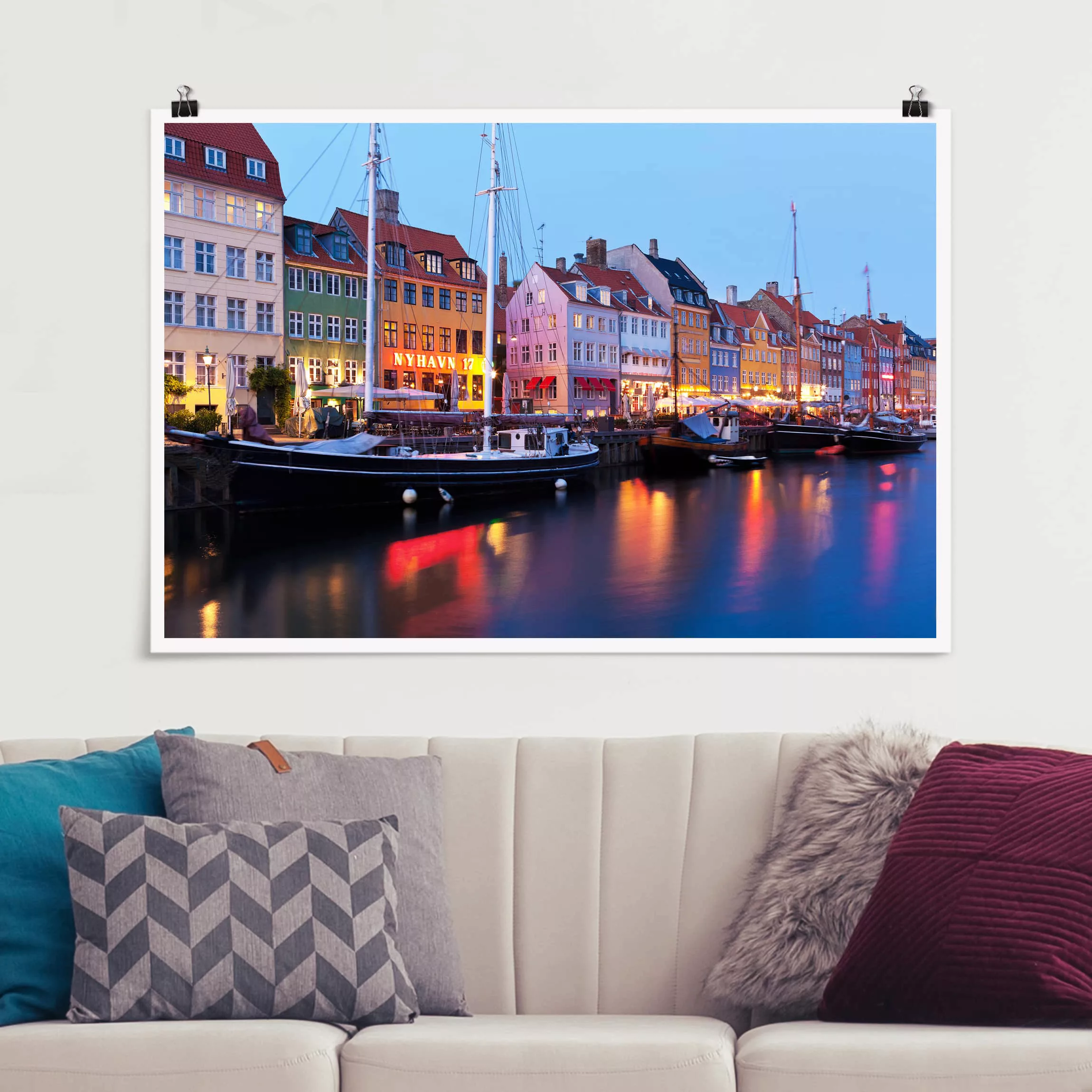 Poster Architektur & Skyline - Querformat Kopenhagener Hafen am Abend günstig online kaufen