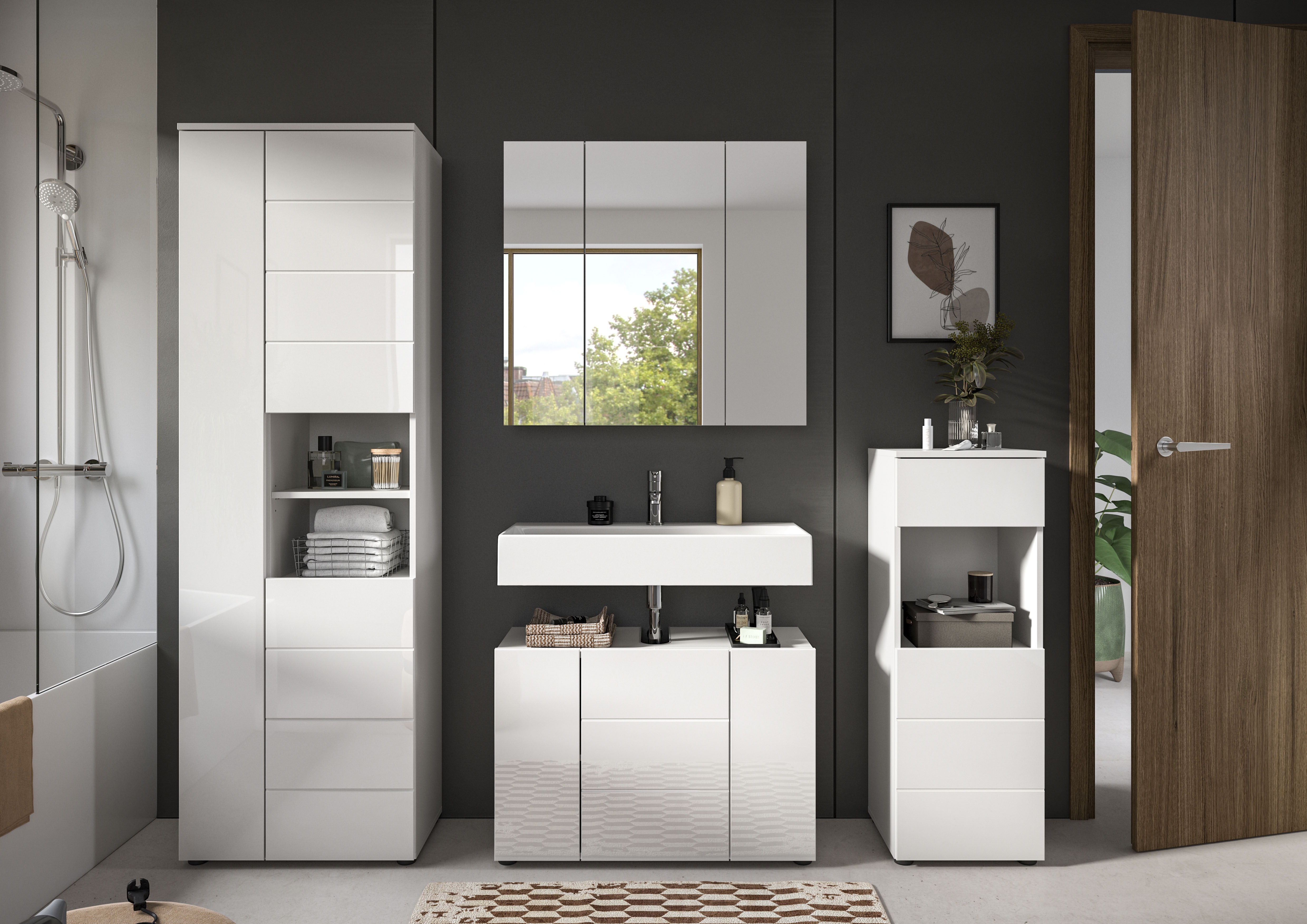 welltime Badmöbel-Set "Biel, Höhe 190 cm, Hochschrank, Unterschrank, Spiege günstig online kaufen