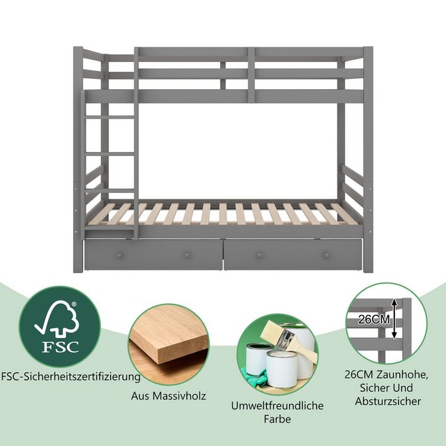 Flieks Etagenbett, Massivholz Kinderbett Doppelbett 140x200cm mit 2 Schubla günstig online kaufen