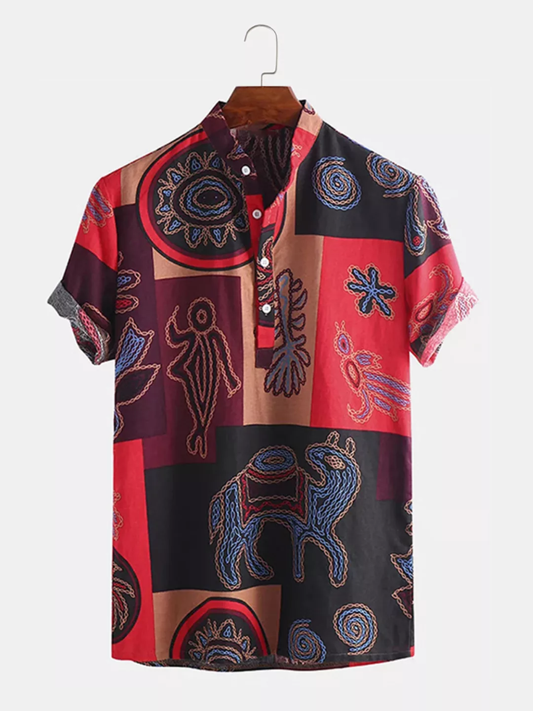 Herren Baumwolle African Tribal Ethnic Totem Bedrucktes Henley Shirt günstig online kaufen