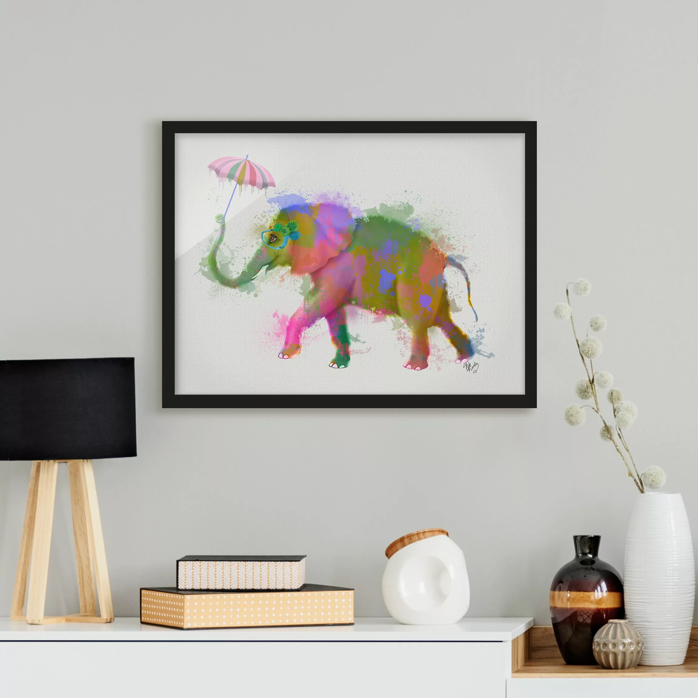 Bild mit Rahmen Tiere - Querformat Regenbogen Splash Elefant günstig online kaufen
