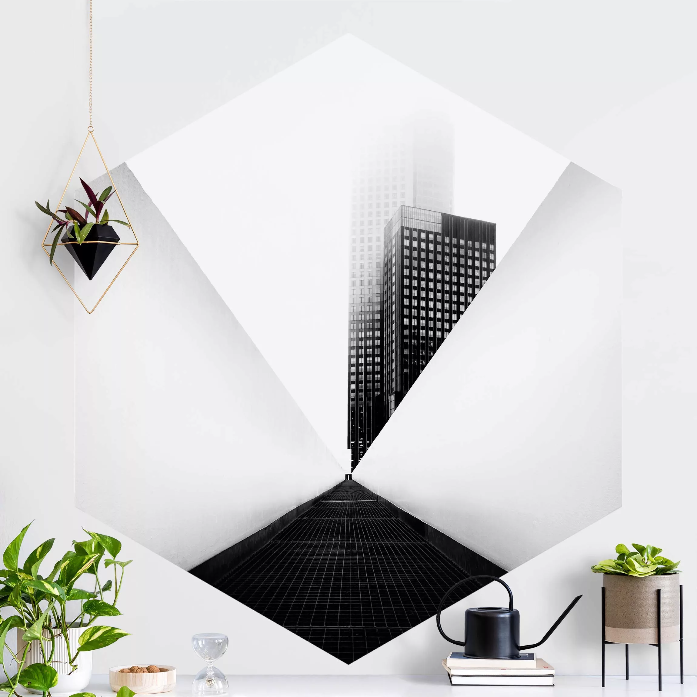 Hexagon Fototapete selbstklebend Geometrische Architekturstudie Schwarz-Wei günstig online kaufen
