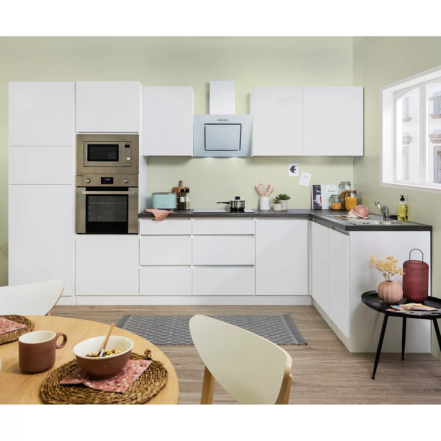 Respekta Premium Winkelküche/L-Küche Grifflos 345 cm Grau Hochglanz-Weiß günstig online kaufen