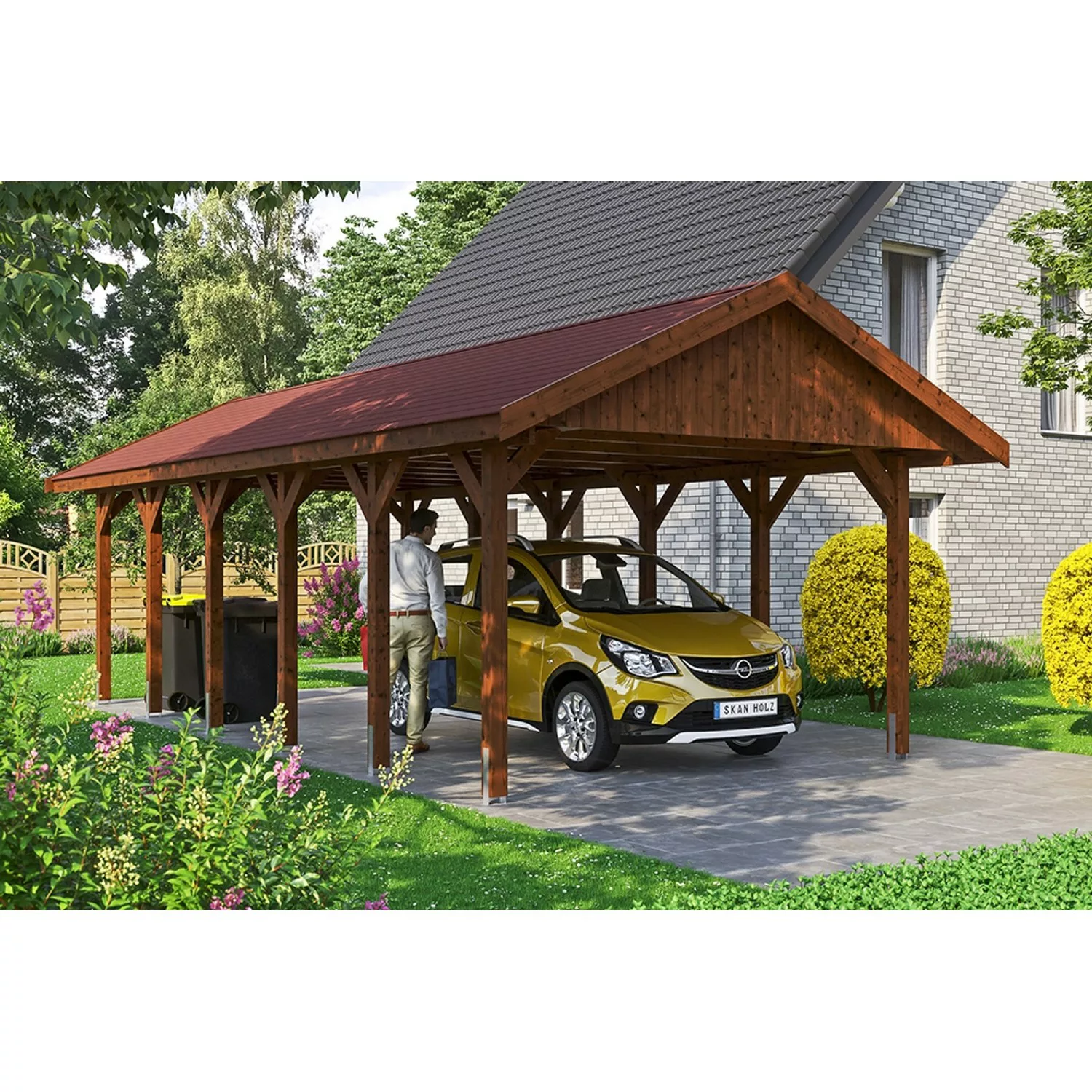 Satteldach-Carport Wallgau Nussbaum 430 x 900 cm rote Schindeln günstig online kaufen