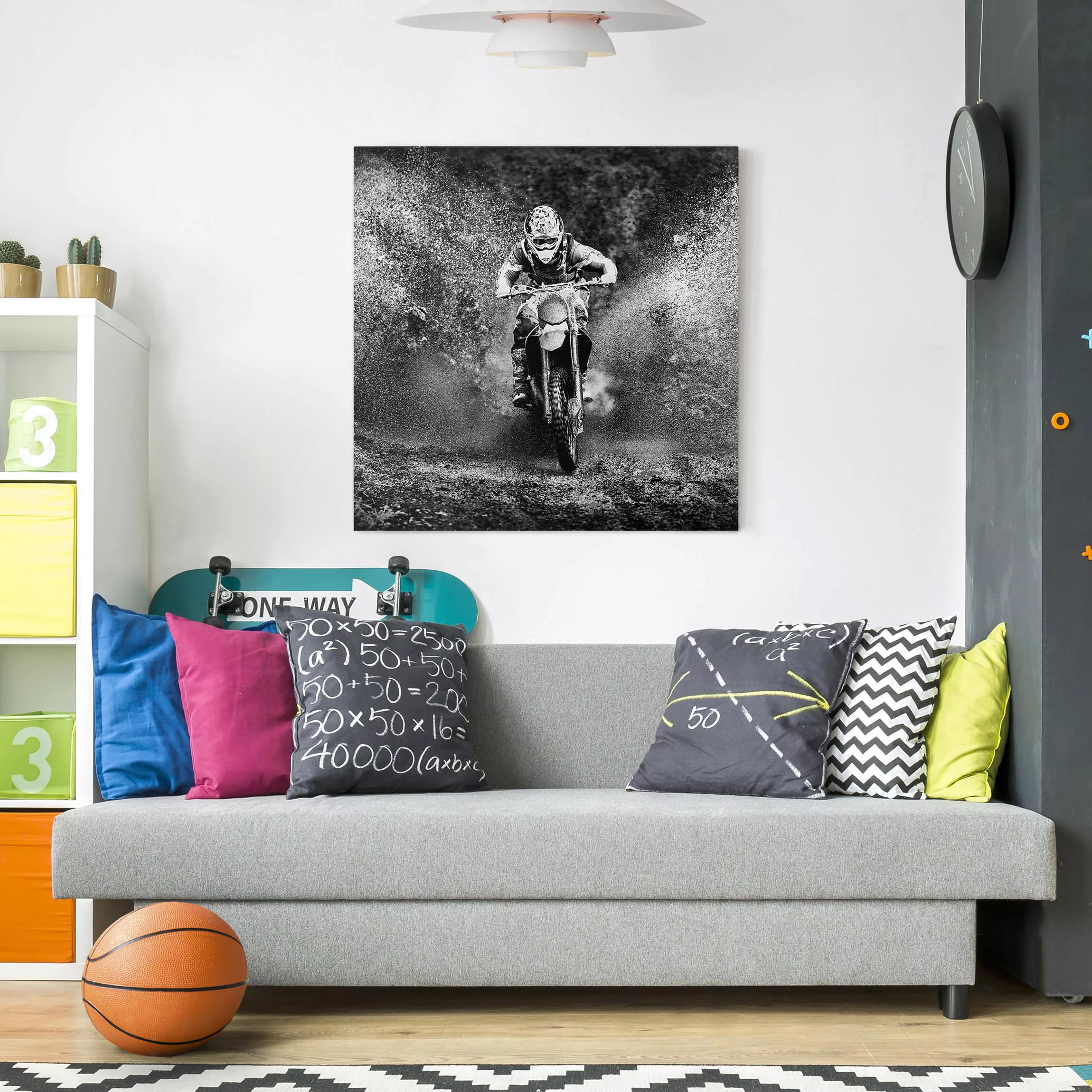 Leinwandbild Schwarz-Weiß - Quadrat Motocross im Schlamm günstig online kaufen