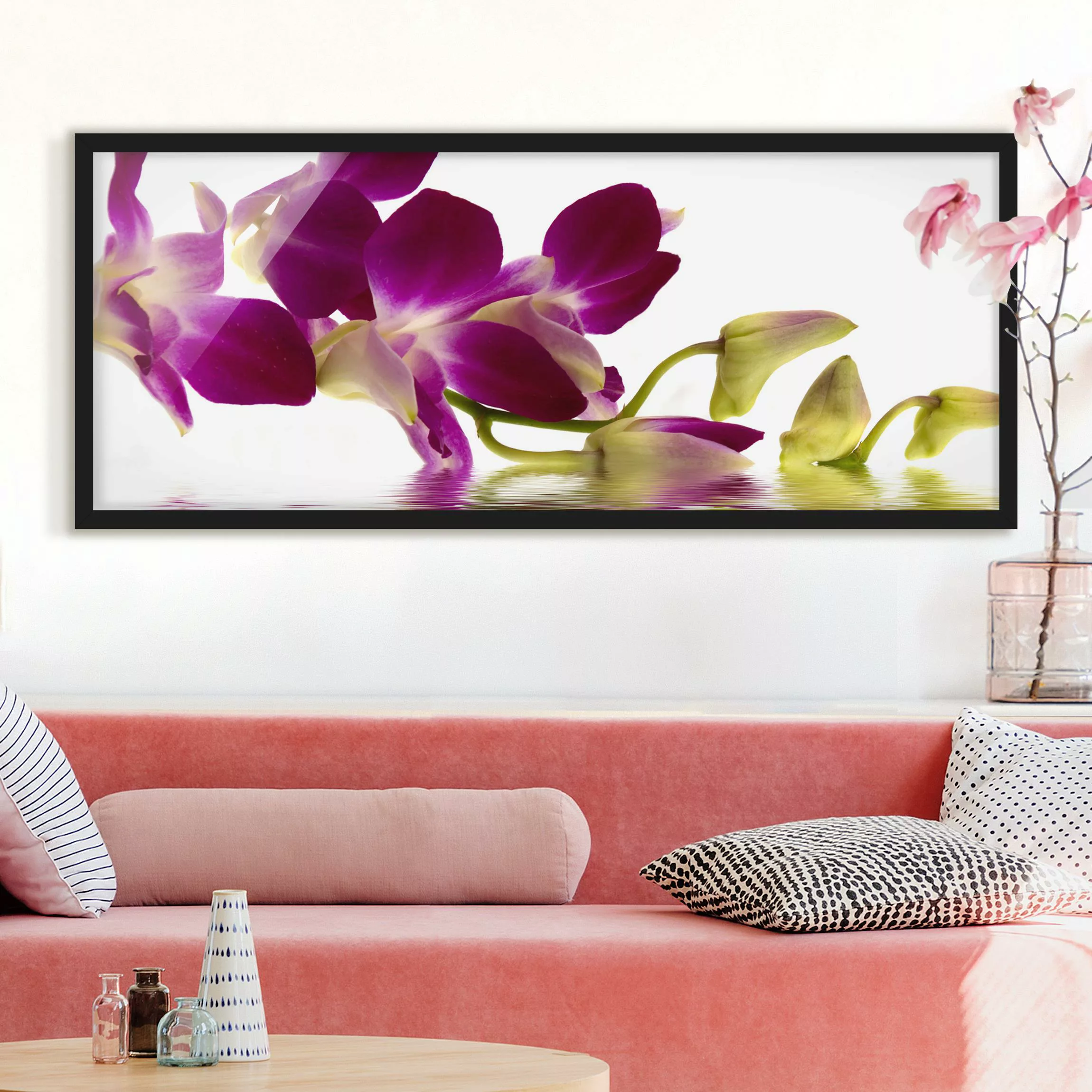 Bild mit Rahmen Blumen - Panorama Pink Orchid Waters günstig online kaufen