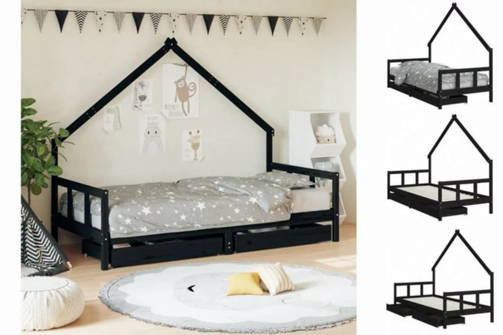 vidaXL Kinderbett Kinderbett mit Schubladen Schwarz 90x200 cm Massivholz Ki günstig online kaufen