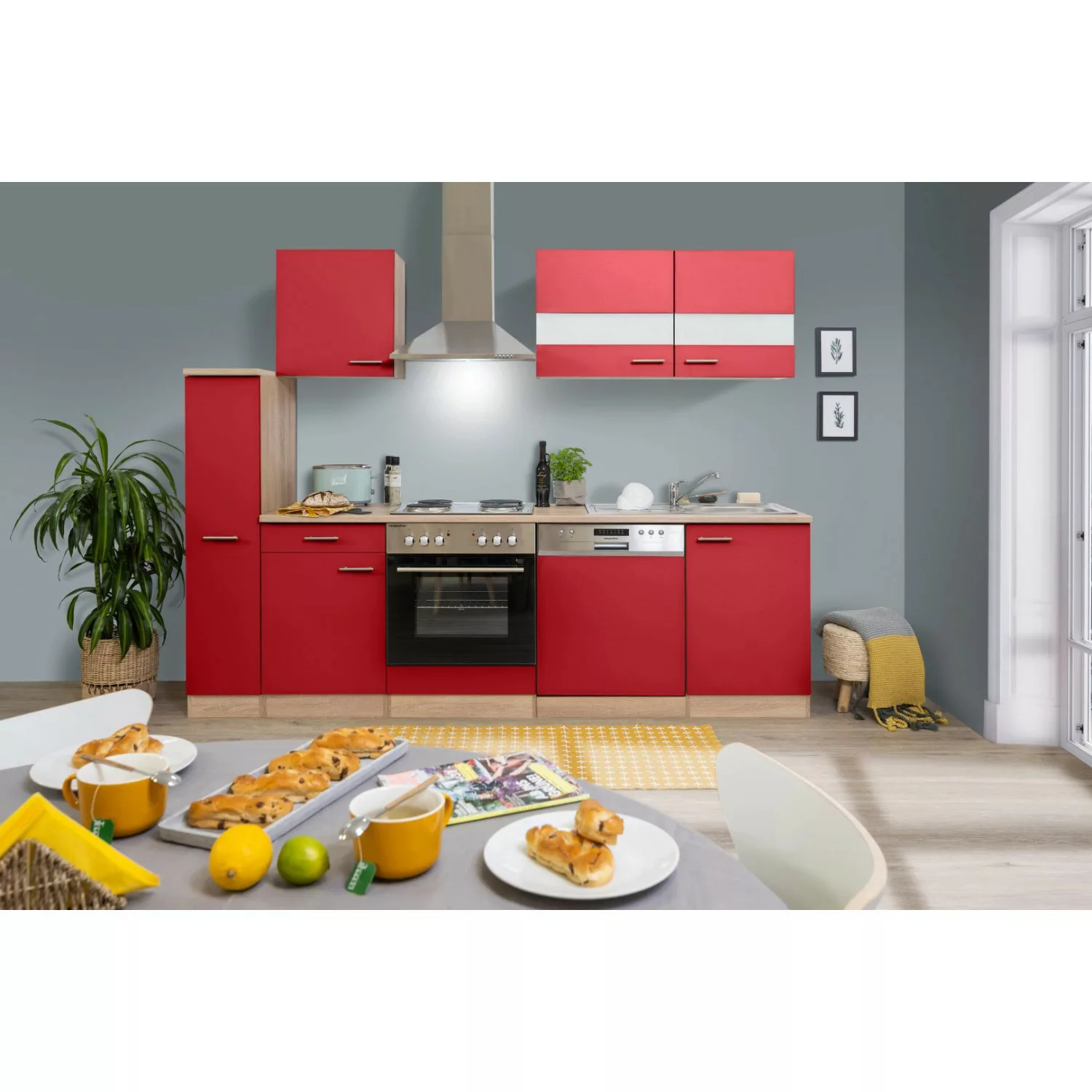 Respekta Küchenzeile KB250ESR 250 cm Rot-Eiche günstig online kaufen