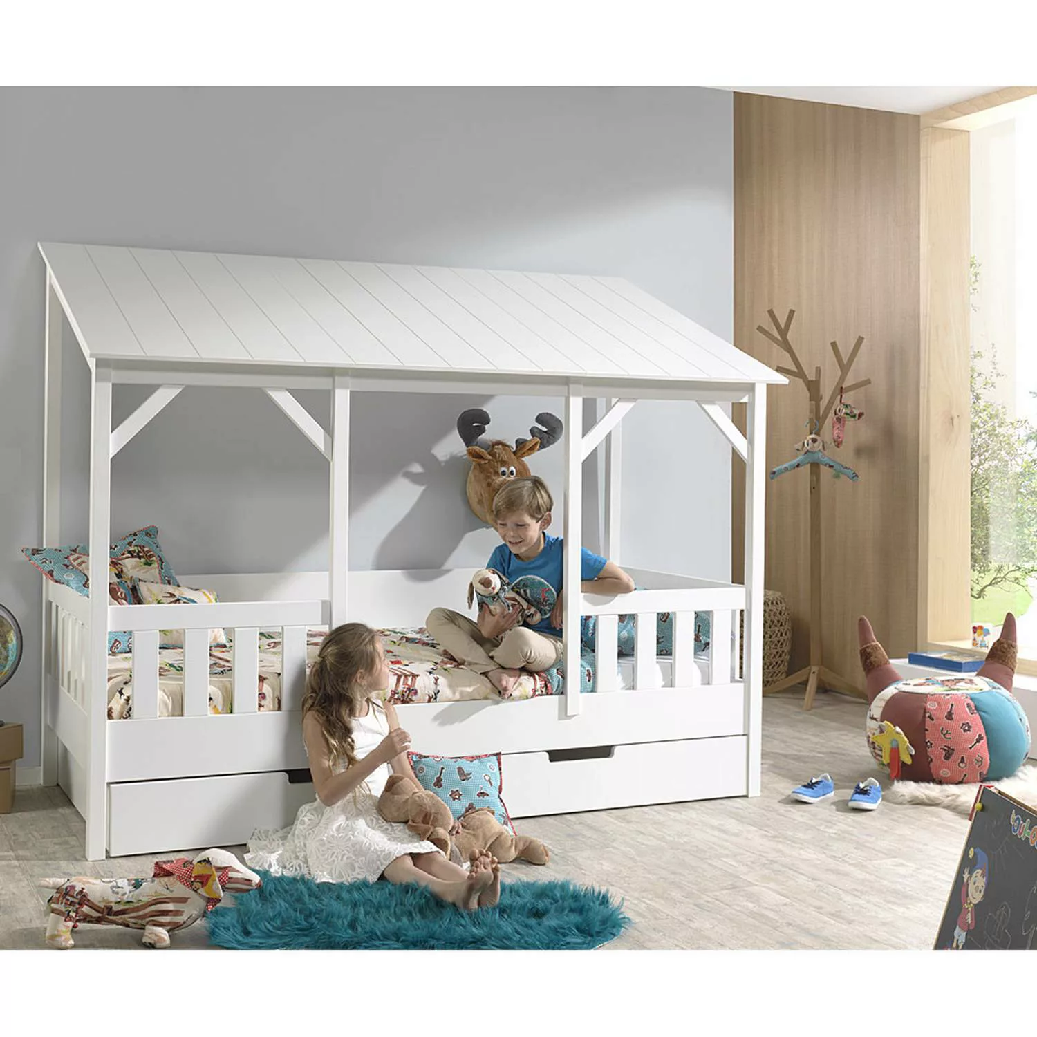 Hausbett für Kinder ALEXANDRIA-12 mit 90 x 200 cm Liegefläche und Bettschub günstig online kaufen