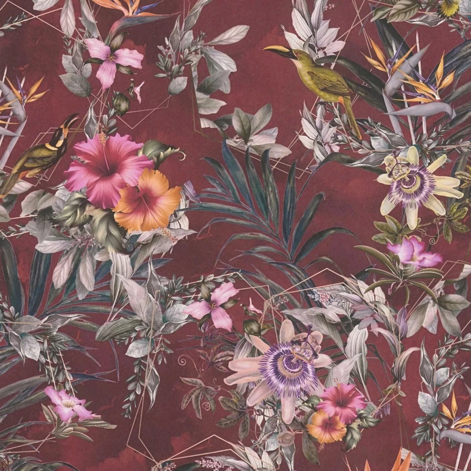 Bricoflor Rote Tapete Mit Tropischen Blättern Und Hibiskus Blüten Dschungel günstig online kaufen