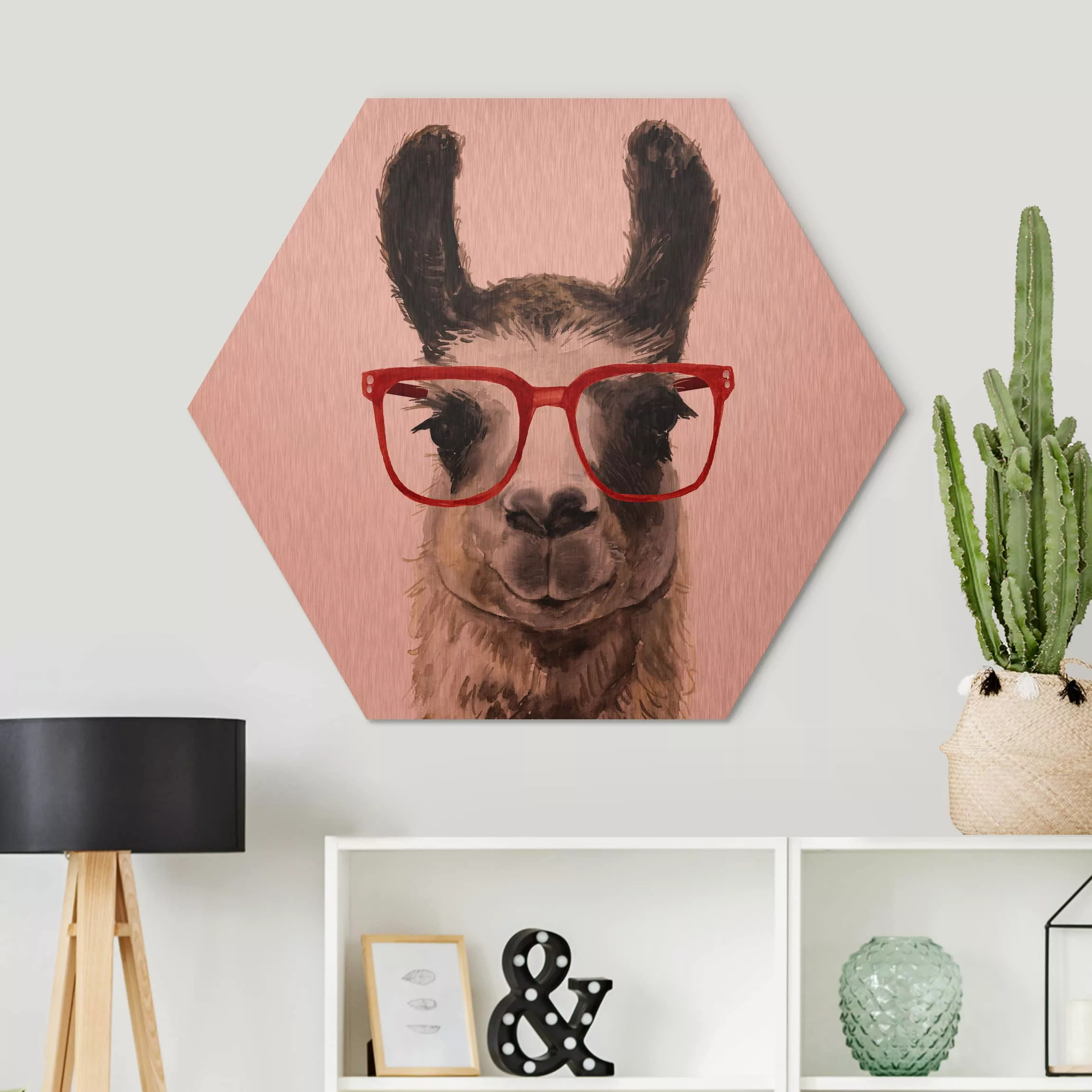 Hexagon-Alu-Dibond Bild Tiere Hippes Lama mit Brille II günstig online kaufen