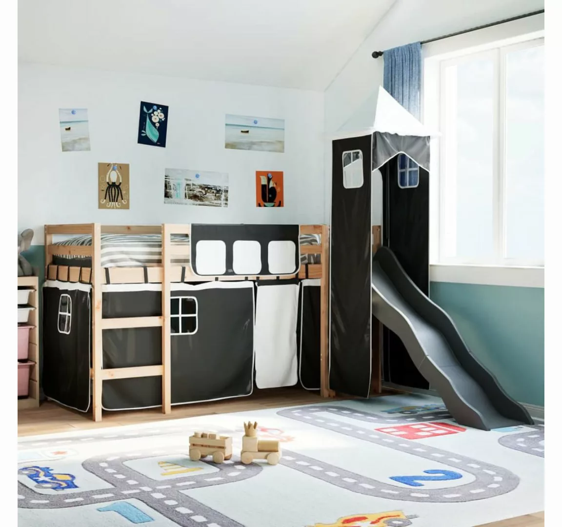 vidaXL Bett, Kinderhochbett mit Turm Weiß & Schwarz 90x190 cm Kiefernholz günstig online kaufen