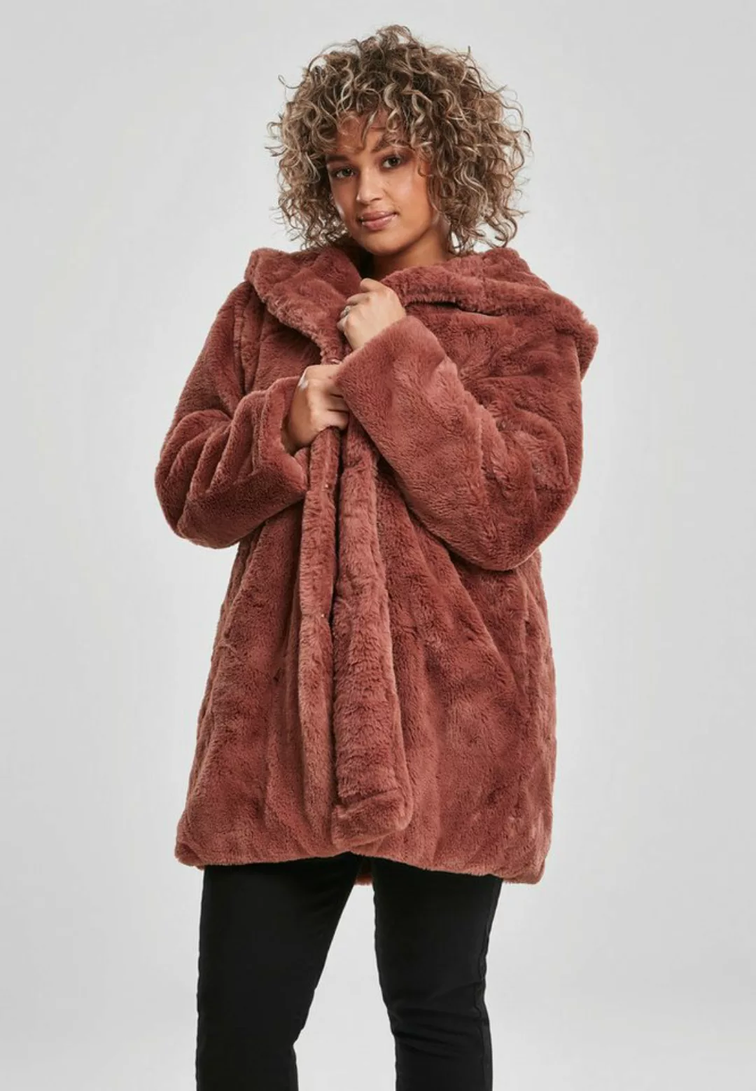 URBAN CLASSICS Fellimitatmantel TB2375 - Ladies Hooded Teddy Coat darkrose günstig online kaufen