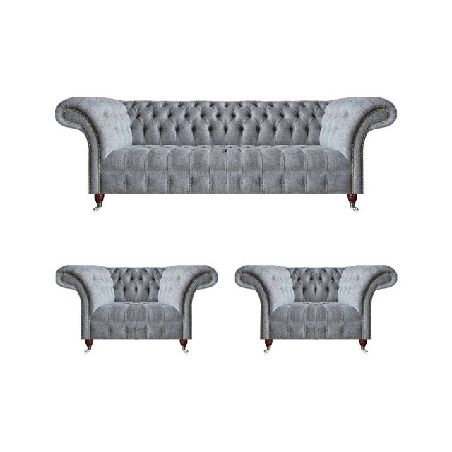 JVmoebel Chesterfield-Sofa Wohnzimmer Grau Sofagarnitur 3tlg Chesterfield P günstig online kaufen