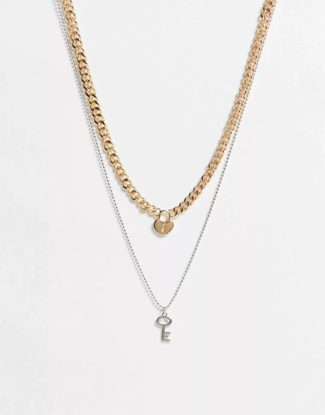 Pieces – Halskette mit mehreren Ketten und Schlüssel- und Schlossanhänger i günstig online kaufen