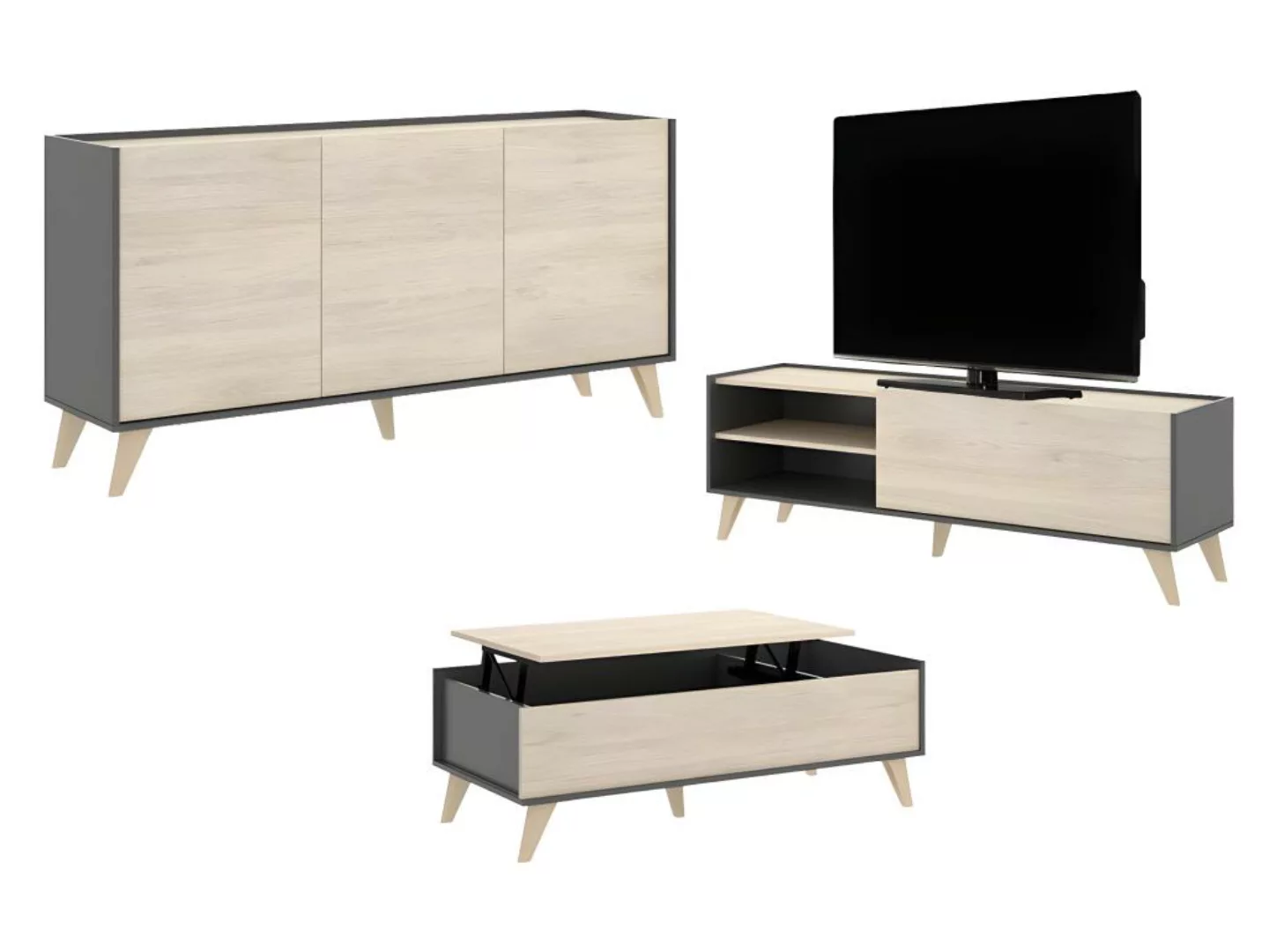 Sparset: Couchtisch + TV-Möbel + Sideboard - Anthrazit & Eichefarben - KOLY günstig online kaufen