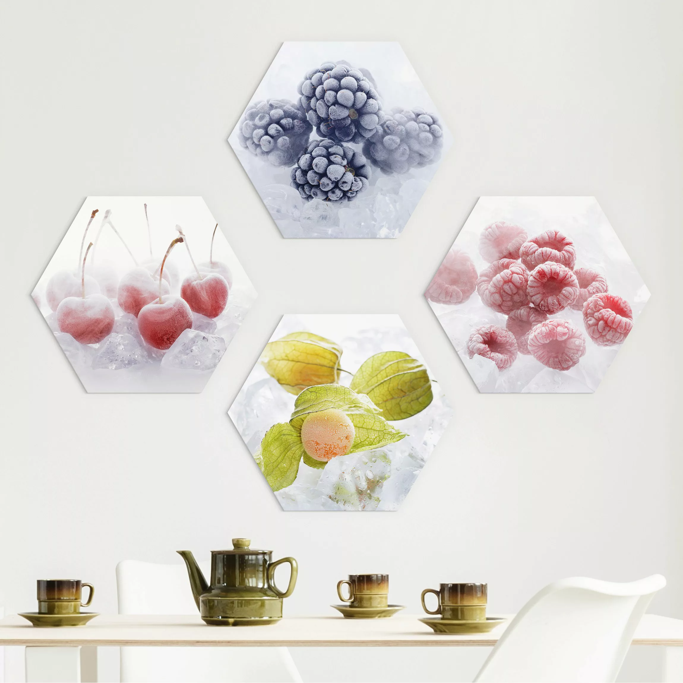 4-teiliges Hexagon-Alu-Dibond Bild Gefrorene Früchte günstig online kaufen