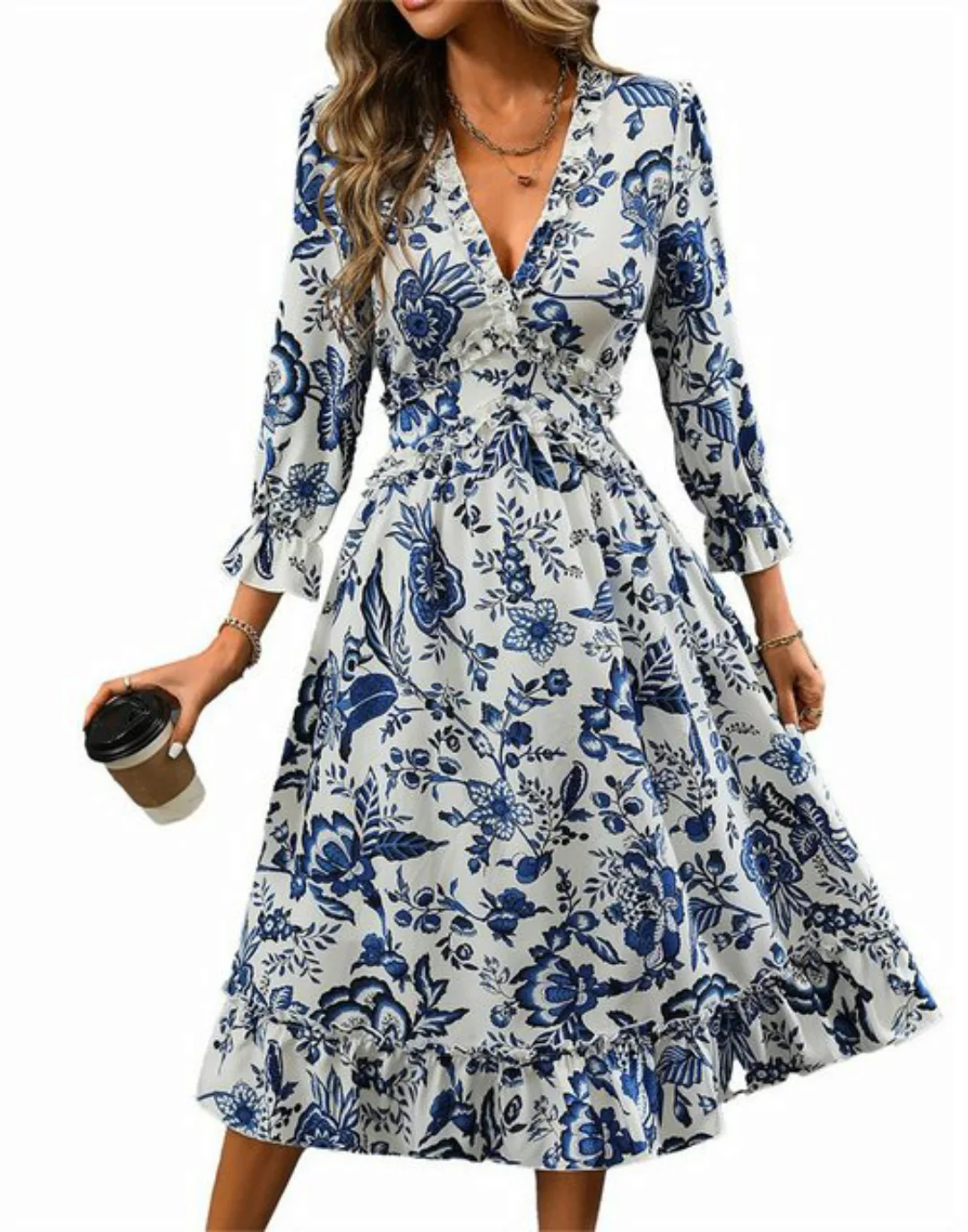 ZWY Midikleid Bedrucktes Kleid mit 3/4-Ärmeln, Freizeitkleid mit V-Ausschni günstig online kaufen