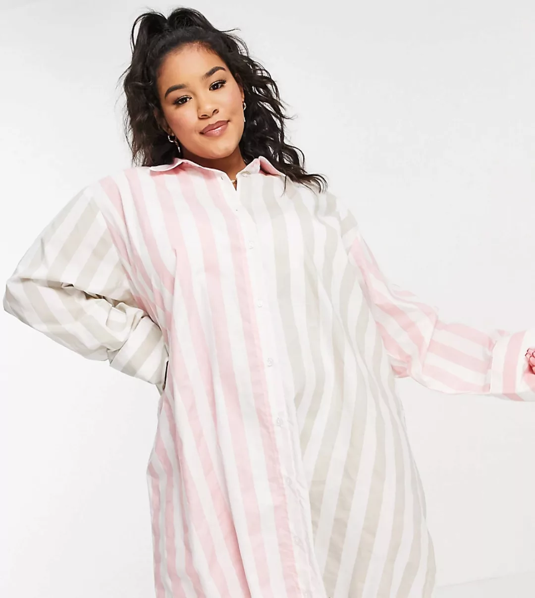 COLLUSION Plus – Kurzes Oversize-Hemdkleid in Rosa und Khaki gestreift-Mehr günstig online kaufen