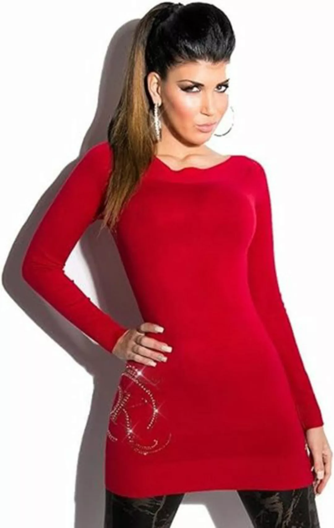 Koucla Longpullover Mini Kleid Strickkleid Pullover rot Strass großes Stras günstig online kaufen