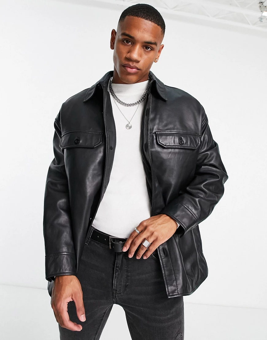 Topman – Hemdjacke aus echtem Leder in Schwarz günstig online kaufen