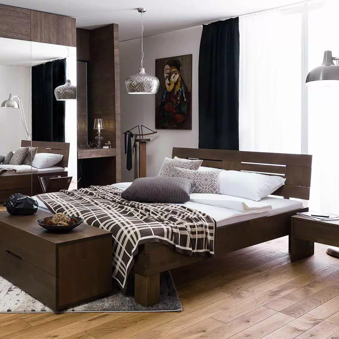 Massivholz Bett in Wengefarben Buche lackiert günstig online kaufen