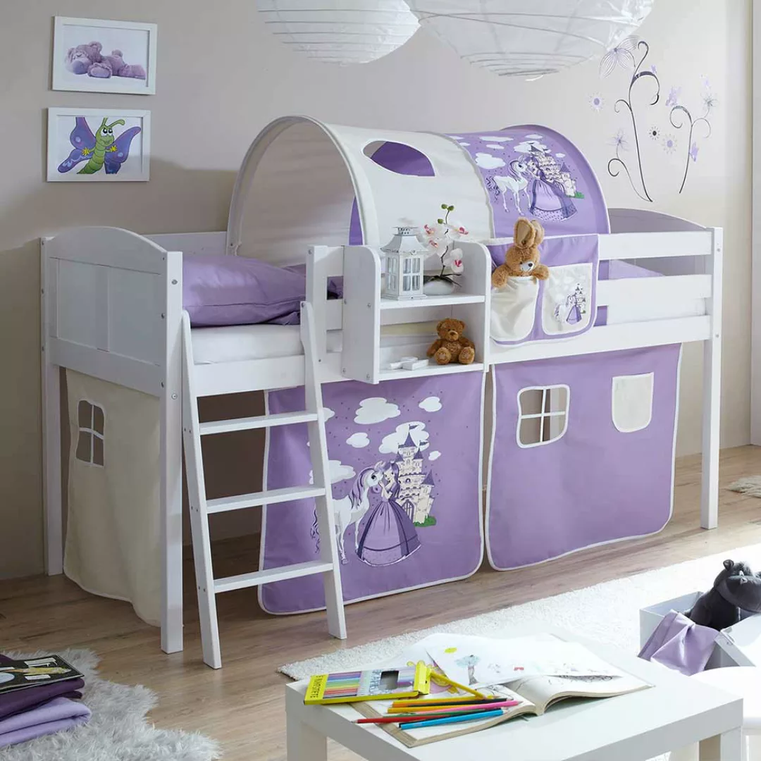 Halbhohes Bett in Weiß und Lila Prinzessin Motiv günstig online kaufen