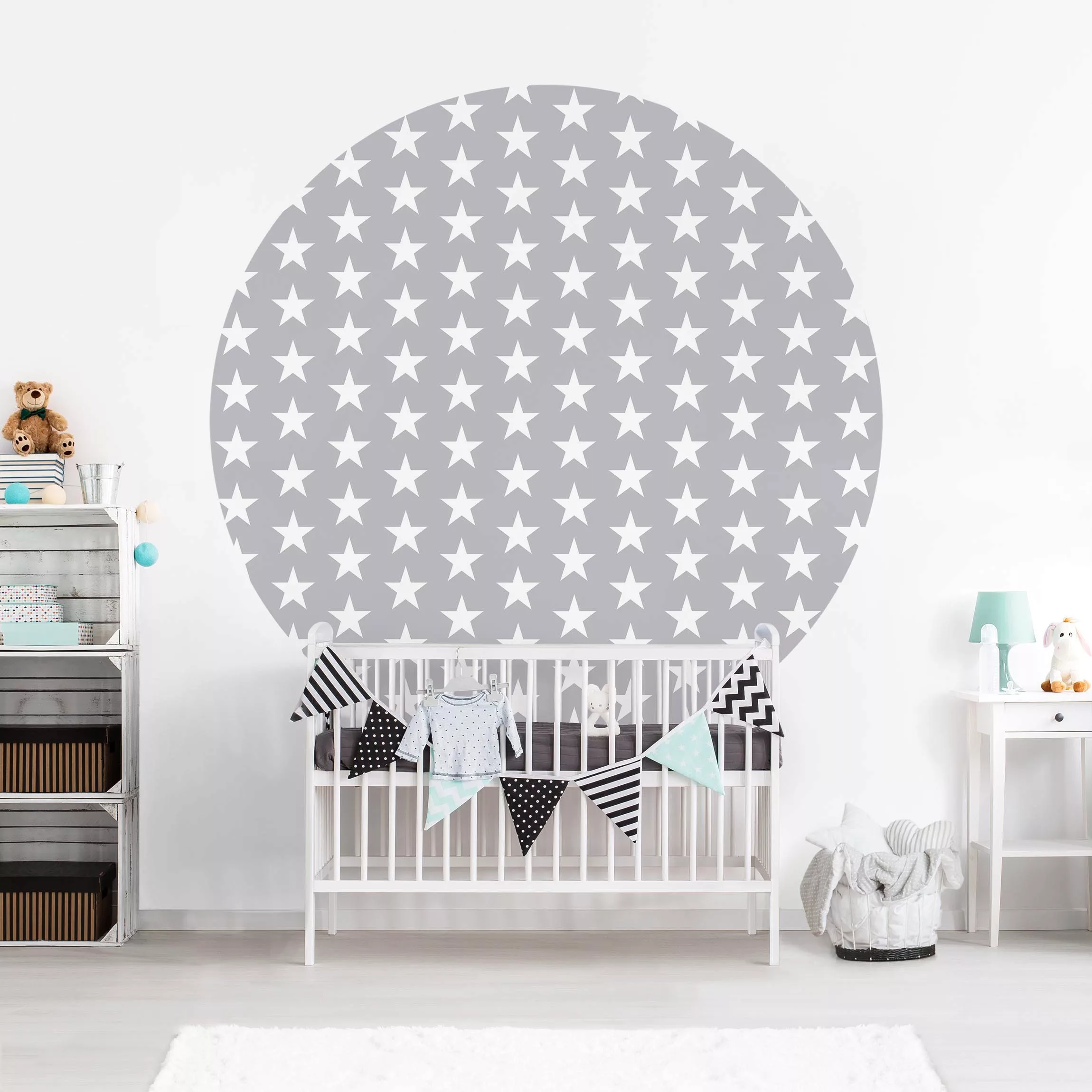 Bilderwelten Runde Tapete selbstklebend Kinderzimmer Weiße Sterne auf graue günstig online kaufen