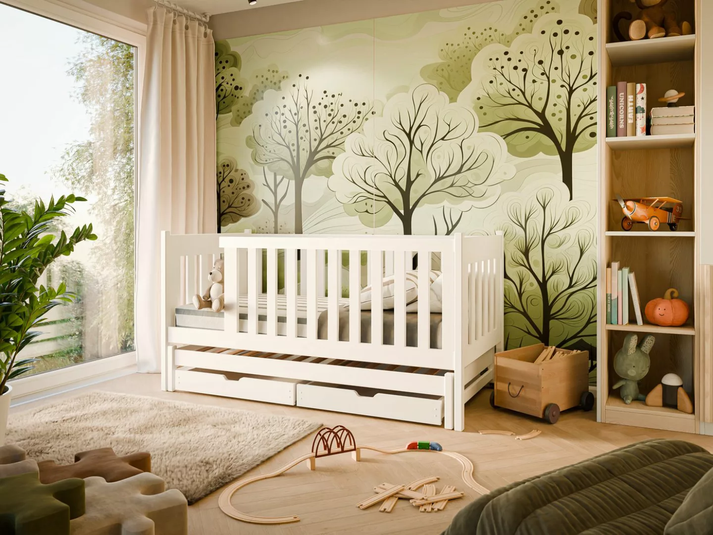thematys Kinderbett 90x200 cm mit Ausziehbett, 2 Schubladen, Weiß mit Rausf günstig online kaufen