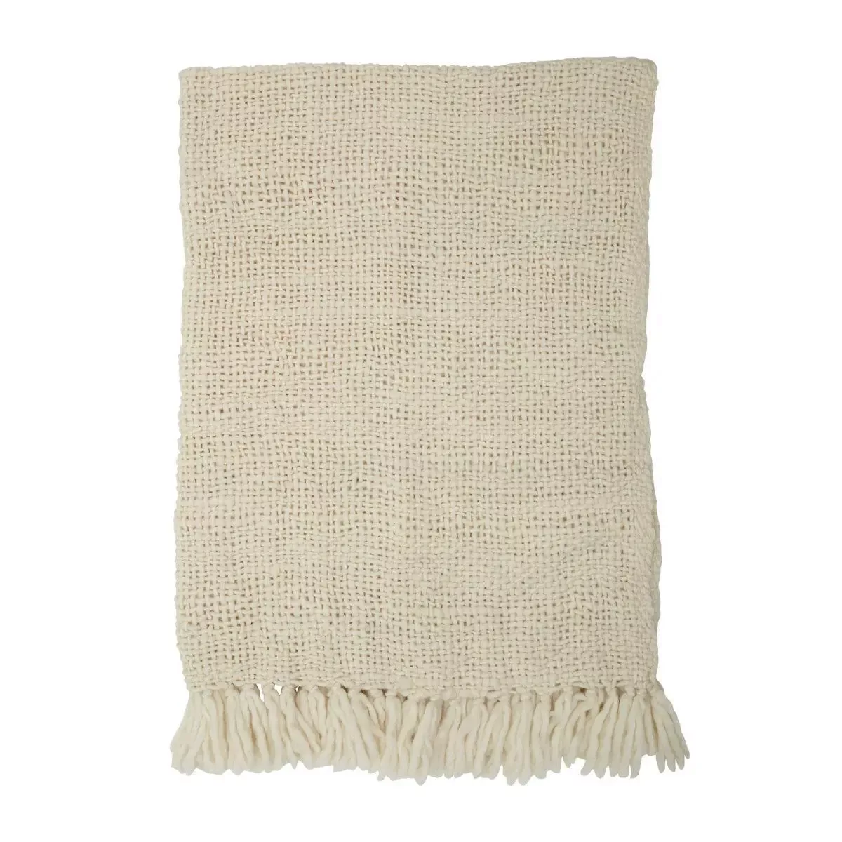 Decke aus Wolle in Beige in Grobstrick mit Fransen günstig online kaufen