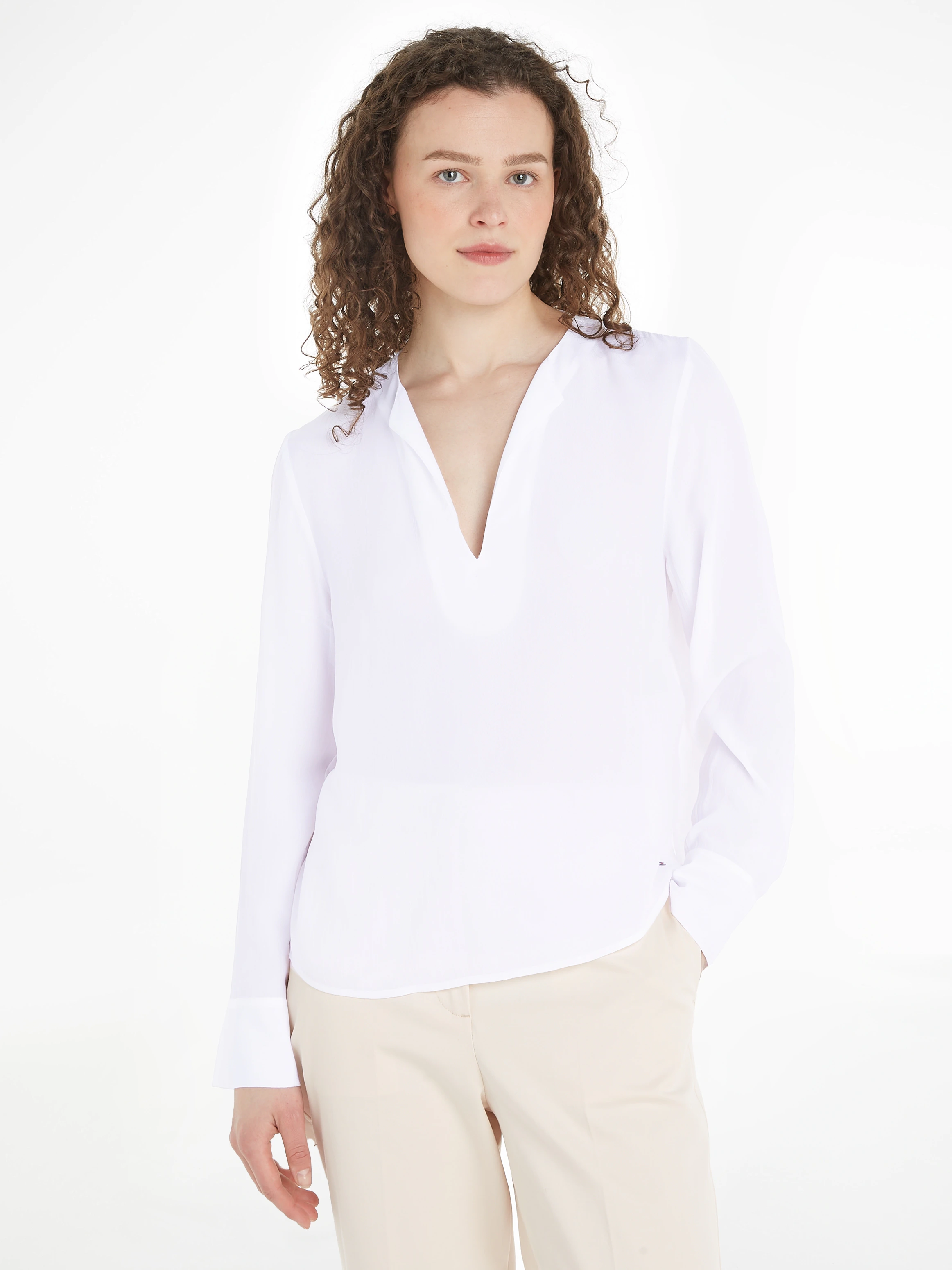 Tommy Hilfiger Langarmbluse VISCOSE CREPE V-NECK BLOUSE in Unifarbe günstig online kaufen