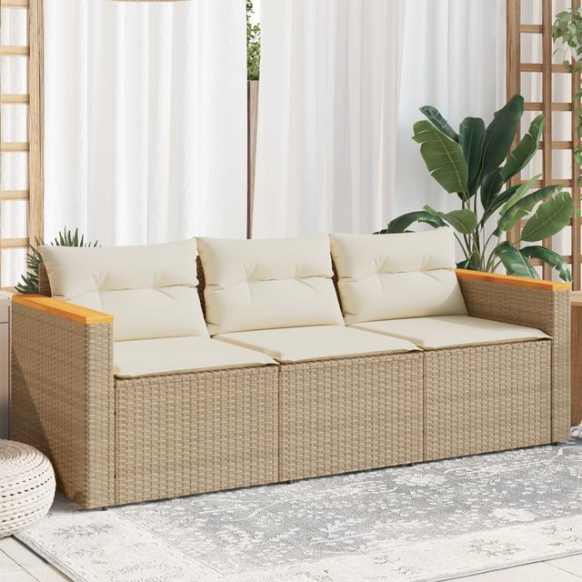 vidaXL Loungesofa Gartensofa mit Kissen 3-Sitzer Beige Poly Rattan günstig online kaufen