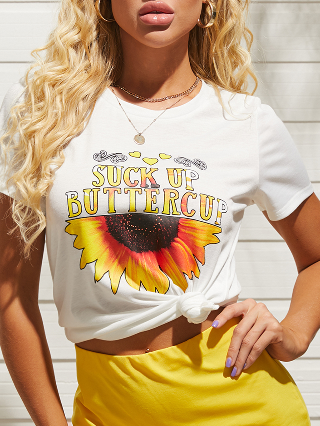 YOINS White Sunflower Letter Kurzarm-T-Shirt mit Rundhalsausschnitt günstig online kaufen