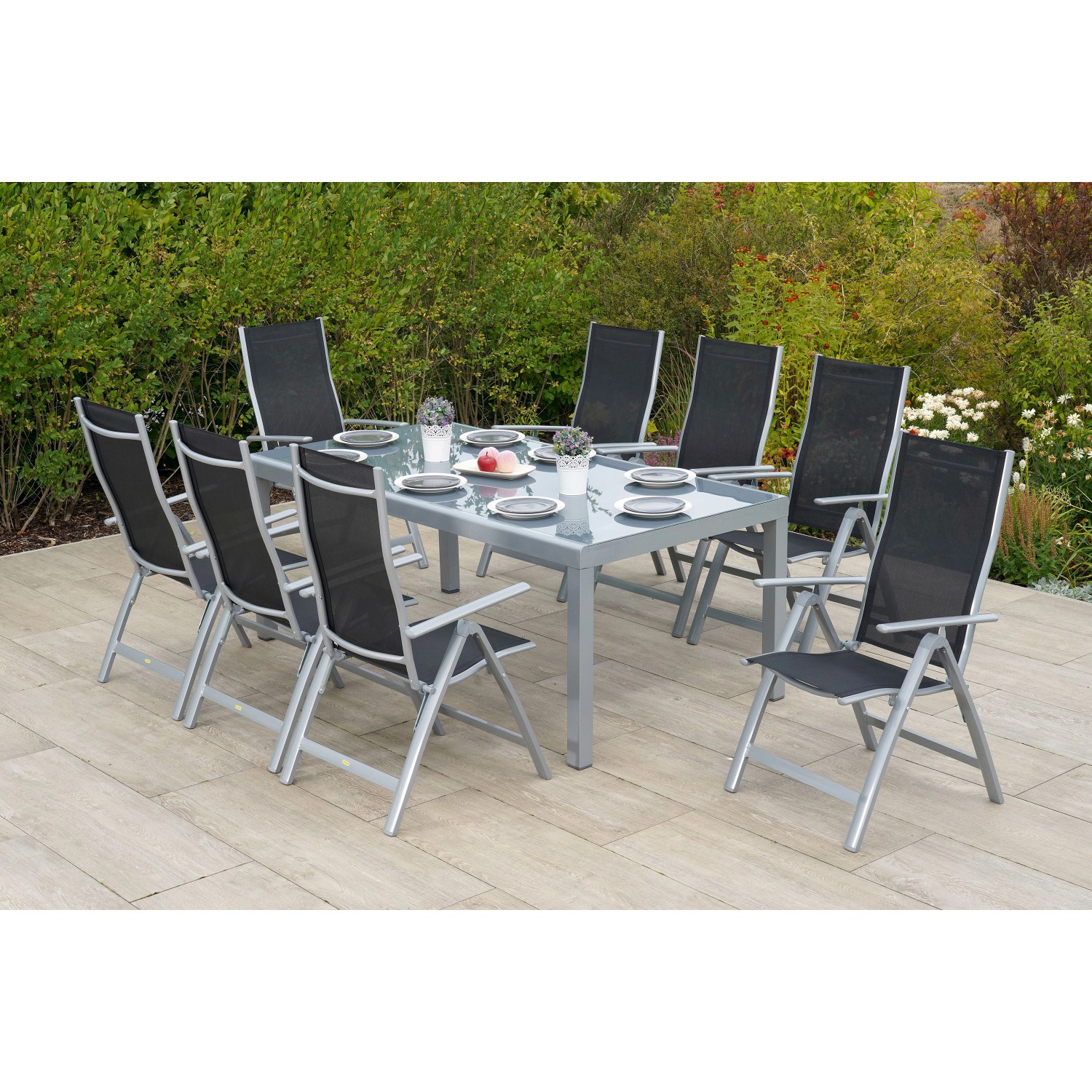 Merxx Carrara Set 9-tlg. 8 Klappsessel Gartentisch 190 x 100 cm Schwarz günstig online kaufen