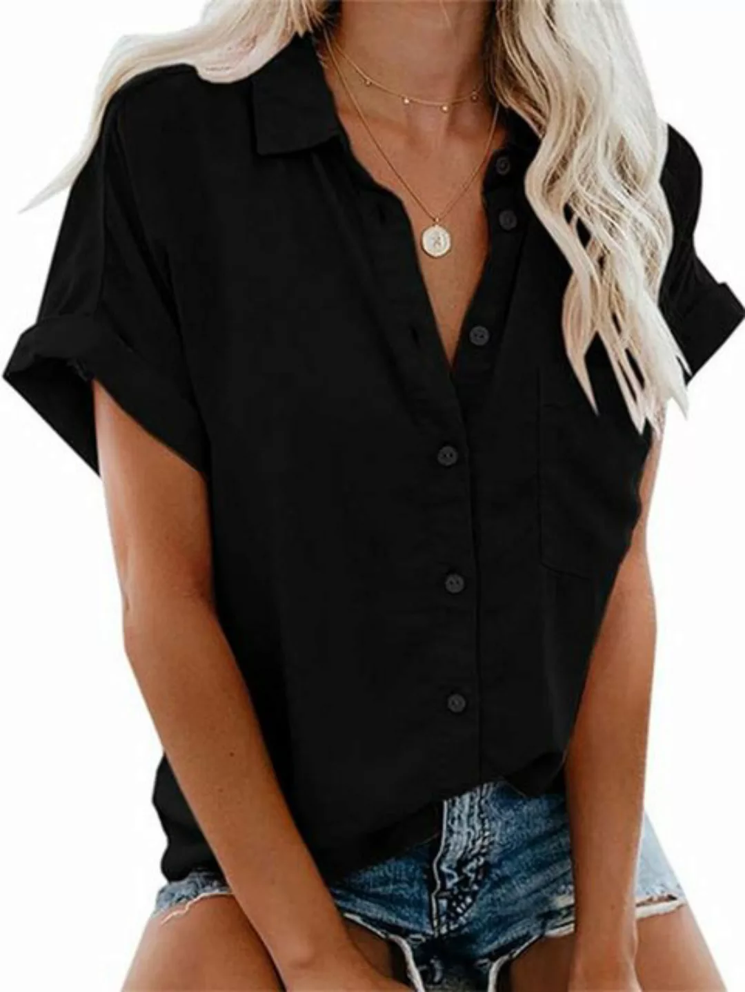 KIKI Kurzarmshirt Damen-Hemd, kurzärmelig, lässiges Top-Shirt mit V-Krawatt günstig online kaufen