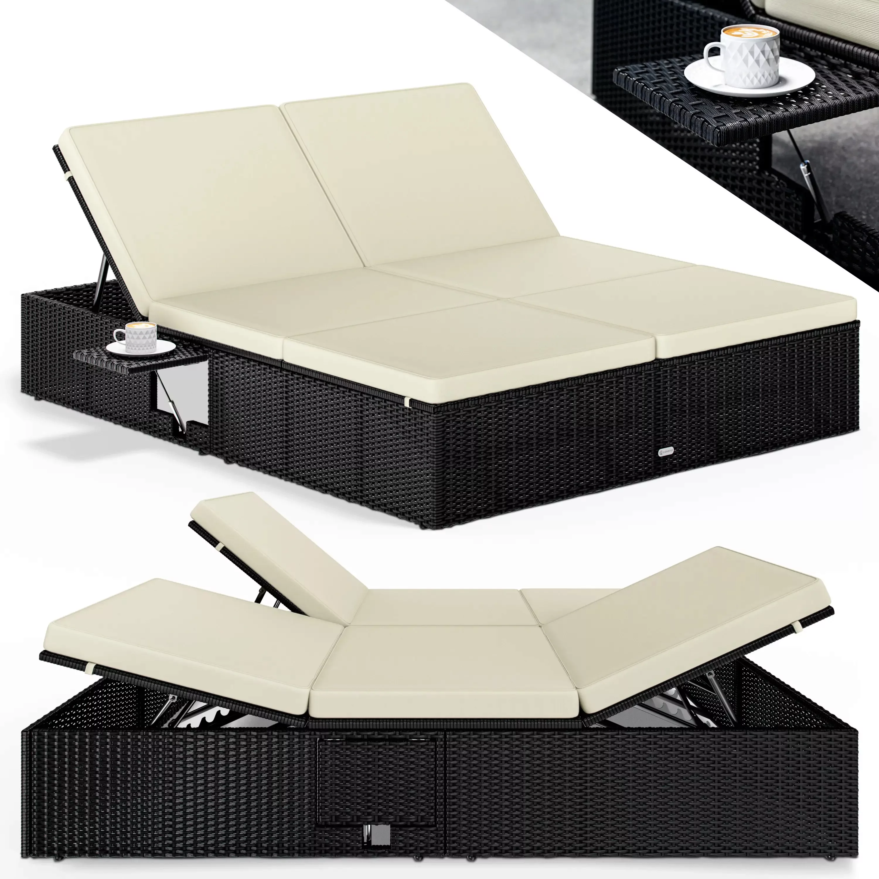 Polyrattan Sonnenliege Schwarz/Creme 200x160x33cm günstig online kaufen