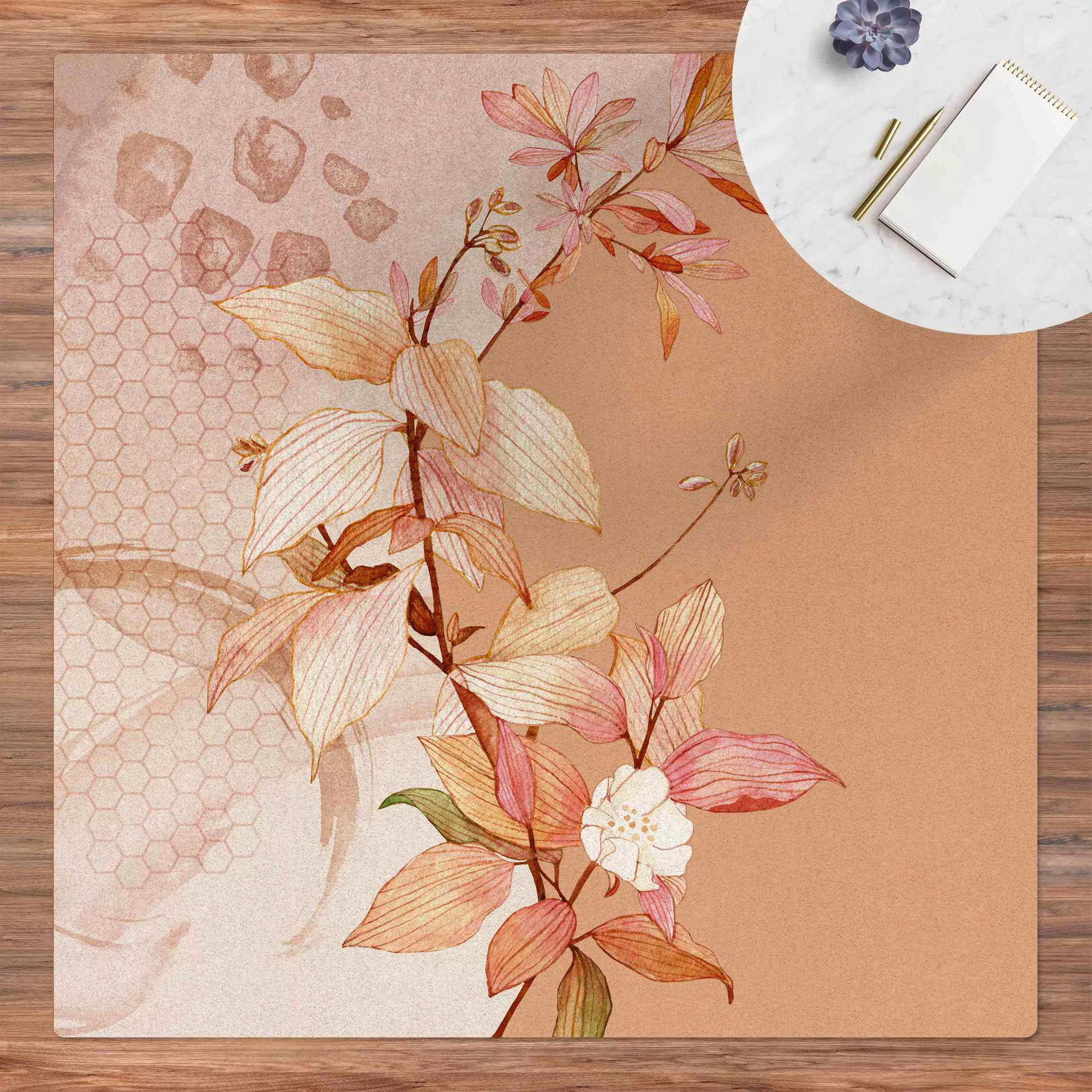 Kork-Teppich Romantisches Blütenaquarell mit Texturgeflecht günstig online kaufen