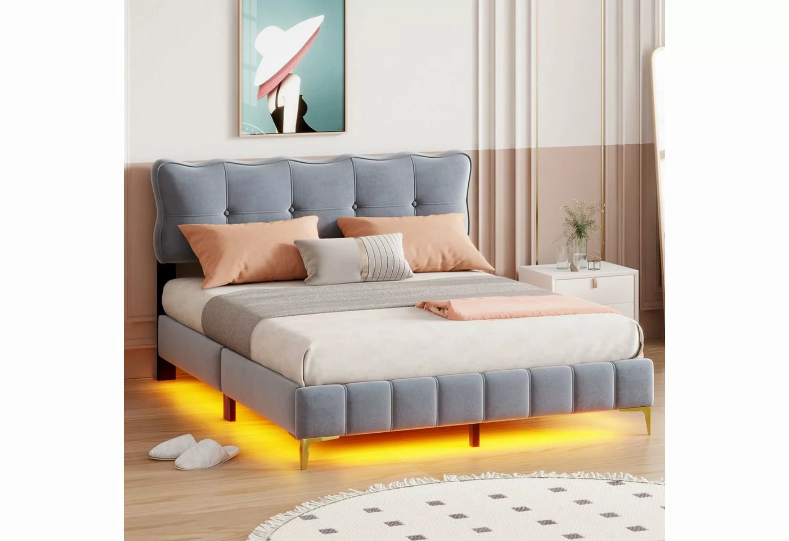 Flieks Polsterbett, LED Beleuchtung Holzbett Doppelbett 160x200cm Samtstoff günstig online kaufen