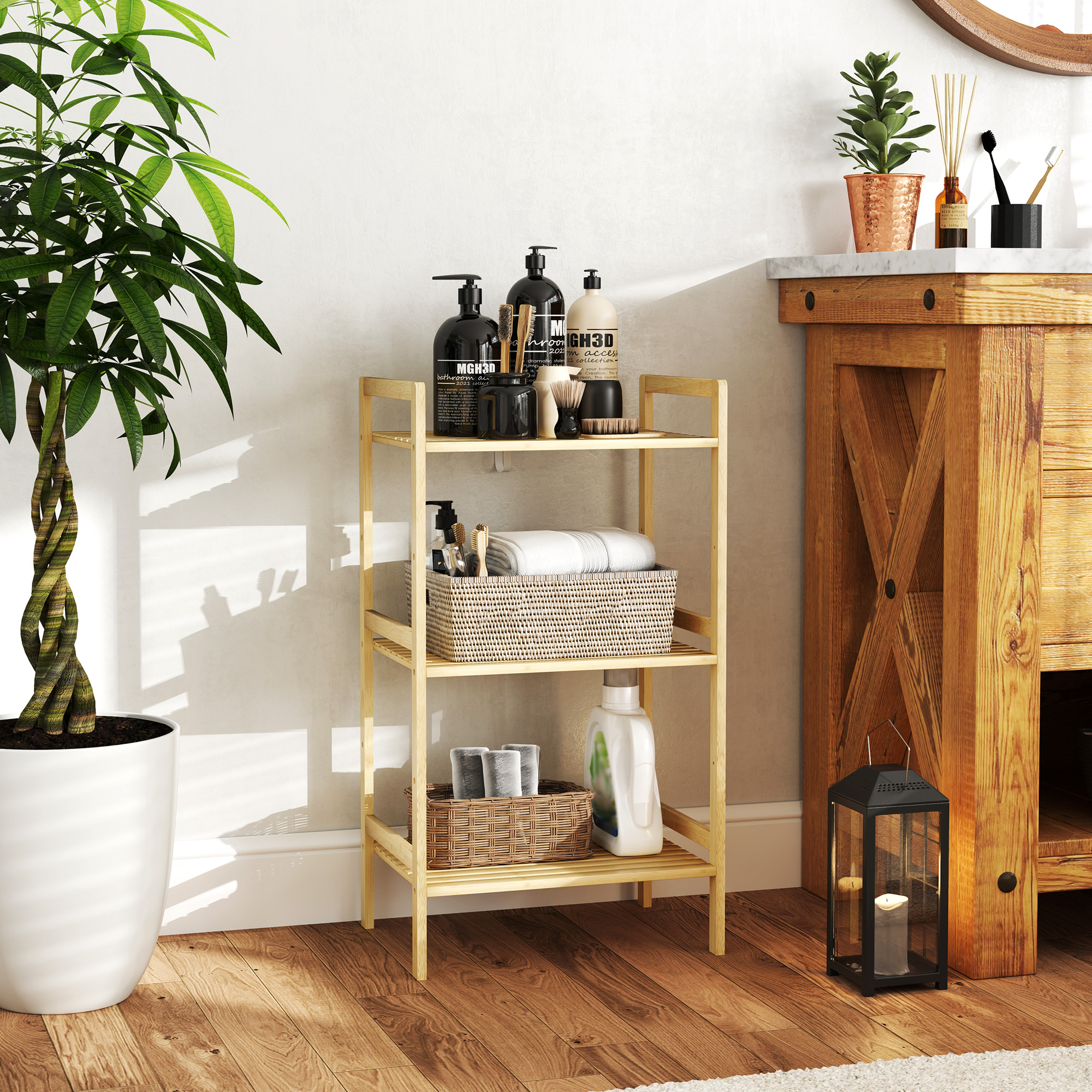 HOMCOM Badezimmerregal mit 3 Ebenen, Bambusregal, 3 verstellbare Regale in günstig online kaufen
