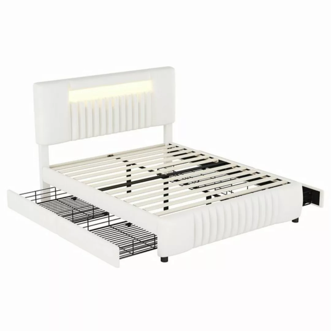Odikalo Polsterbett Doppelbett 4 Schubladen 16-LED Lattenrost Beige/Grau 14 günstig online kaufen