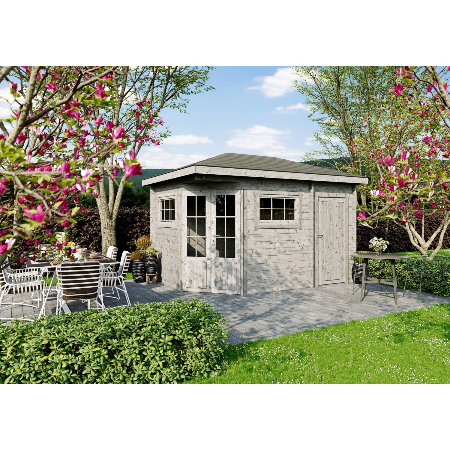 Fjordholz 5-Eck Gartenhaus Modell Evelyn 2D Grau Imprägniert günstig online kaufen
