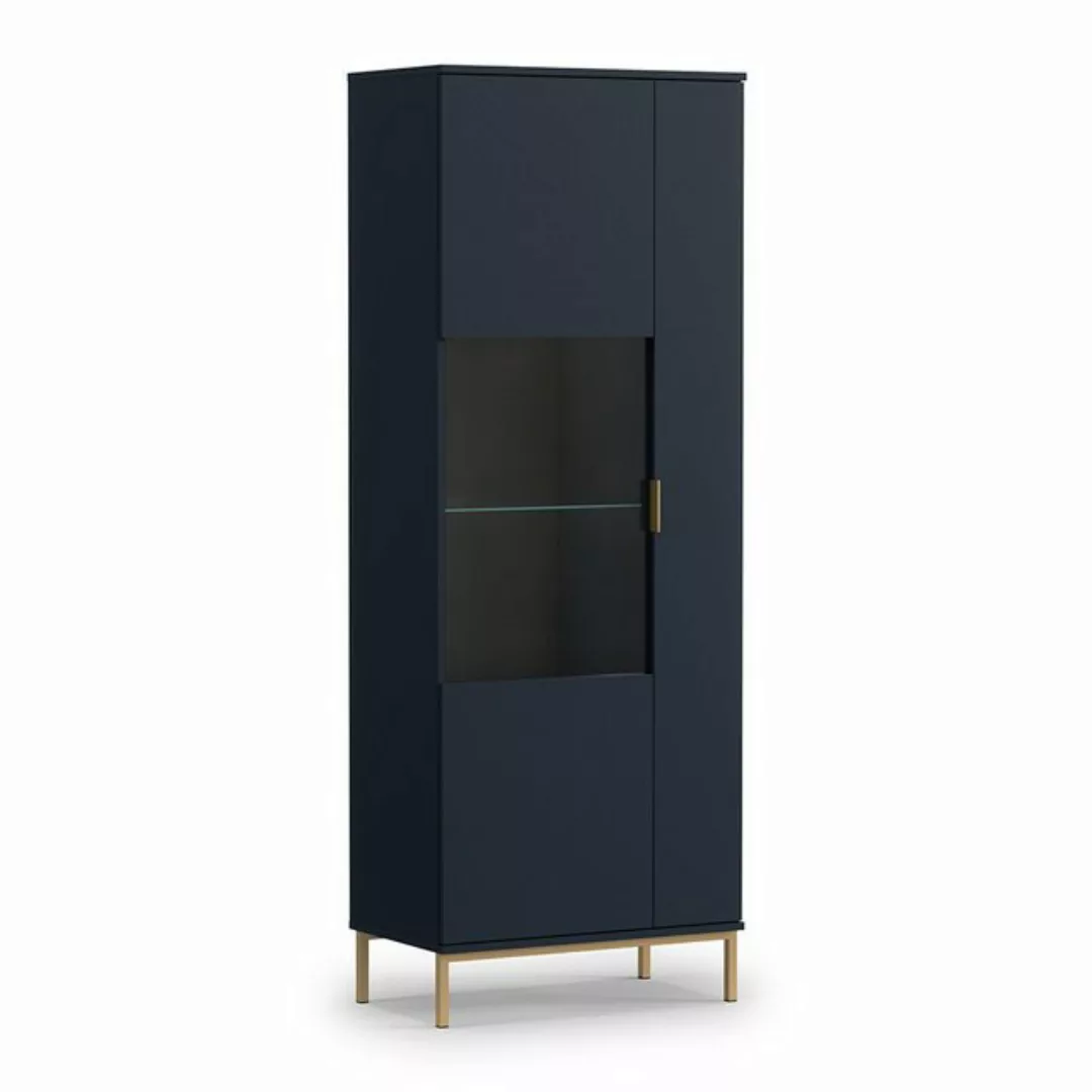 Lomadox Vitrine PERIA-132 blau Glastür und Glasboden Metall Fußgestell gold günstig online kaufen