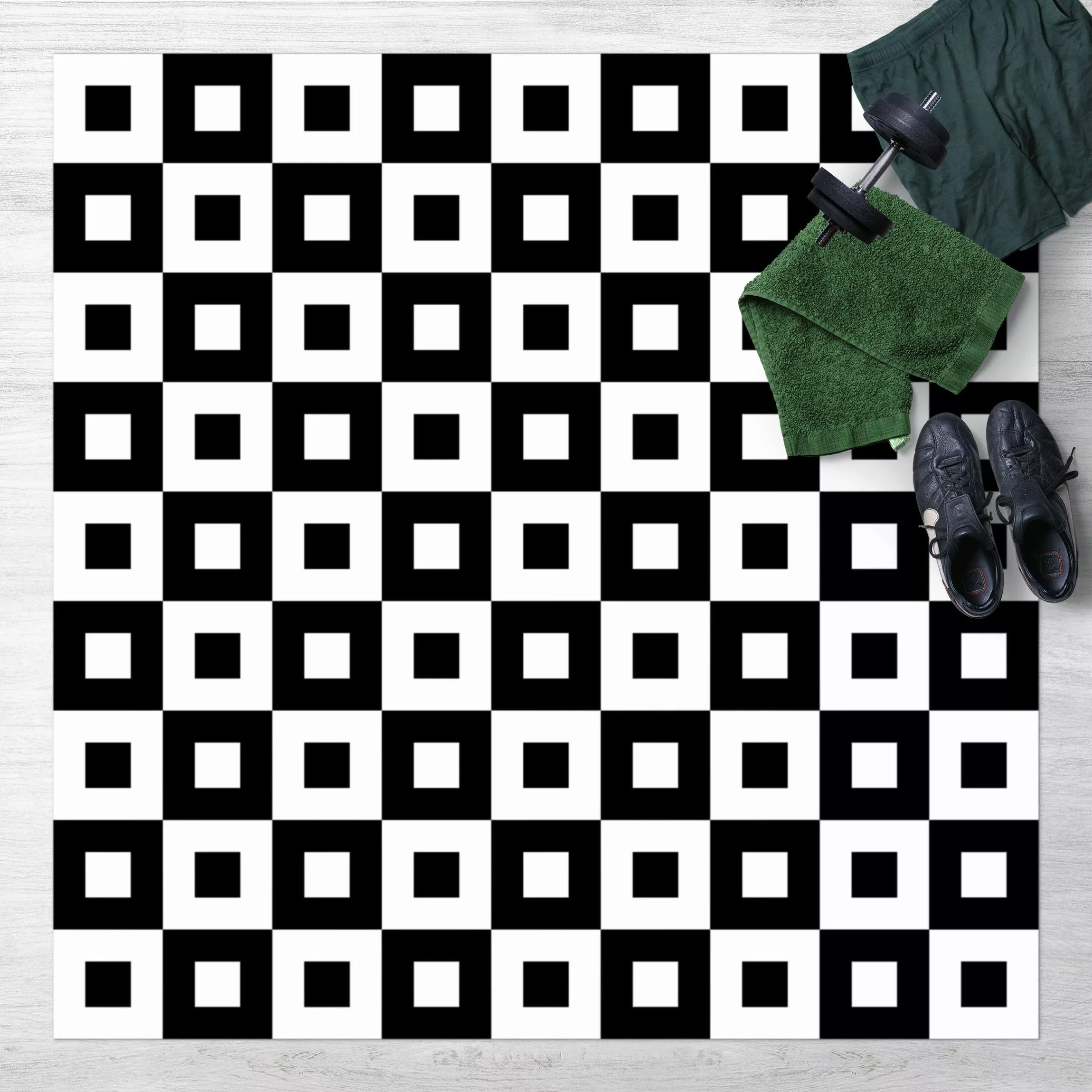 Vinyl-Teppich Geometrisches Muster aus Schwarz Weißen Quadraten günstig online kaufen