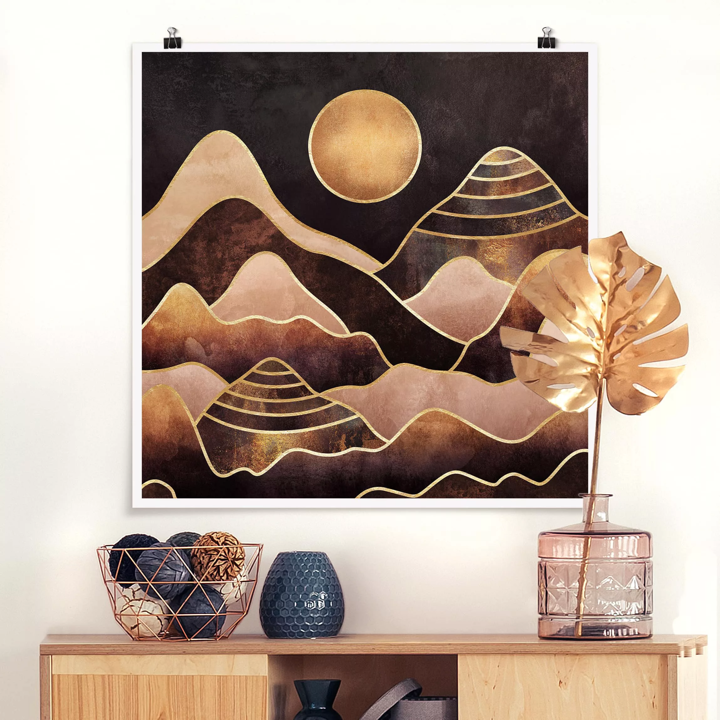 Poster Abstrakt - Quadrat Goldene Sonne abstrakte Berge günstig online kaufen