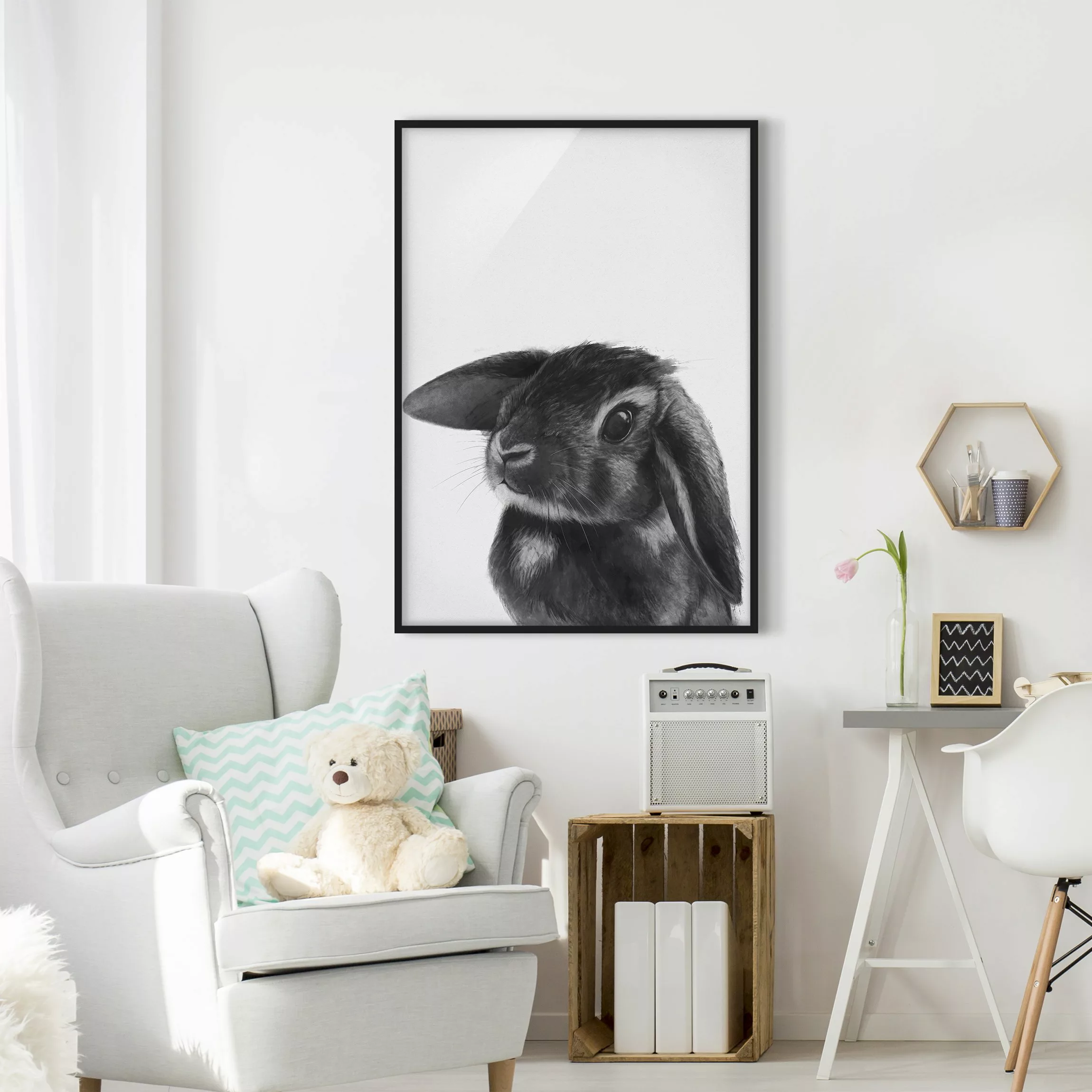 Bild mit Rahmen Tiere - Hochformat Illustration Hase Schwarz Weiß Zeichnung günstig online kaufen