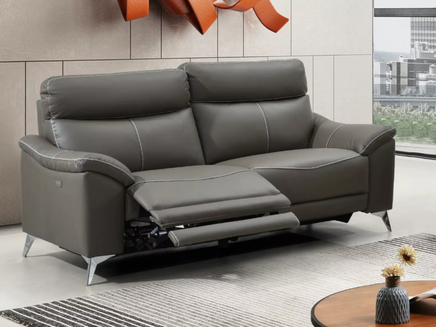 Relaxsofa elektrisch 3-Sitzer - Leder - Taupe - METRONOMYA günstig online kaufen