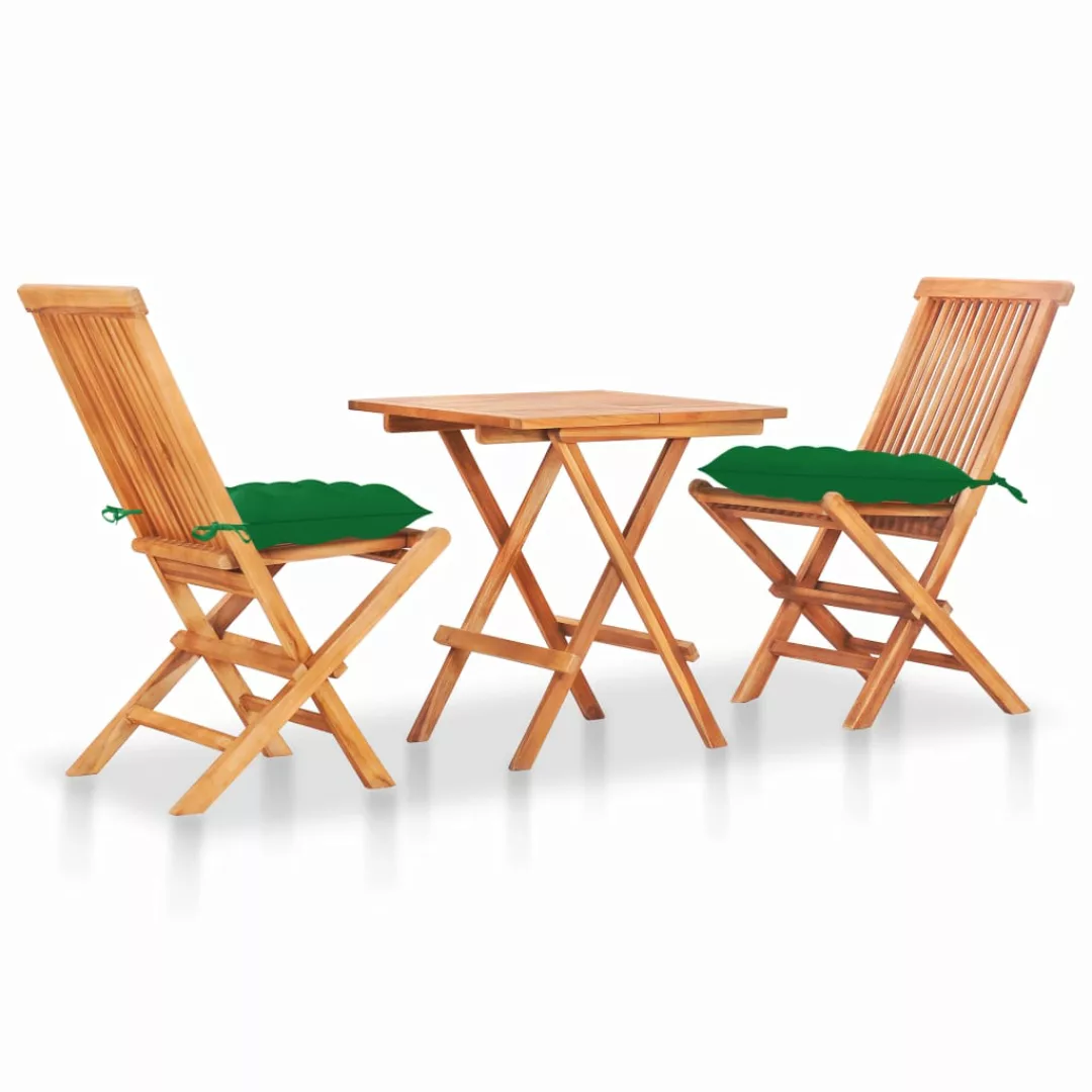 3-tlg. Bistro-set Mit Grünen Kissen Massivholz Teak günstig online kaufen