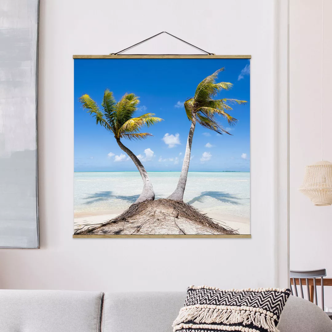 Stoffbild mit Posterleisten Urlaub unter Palmen günstig online kaufen